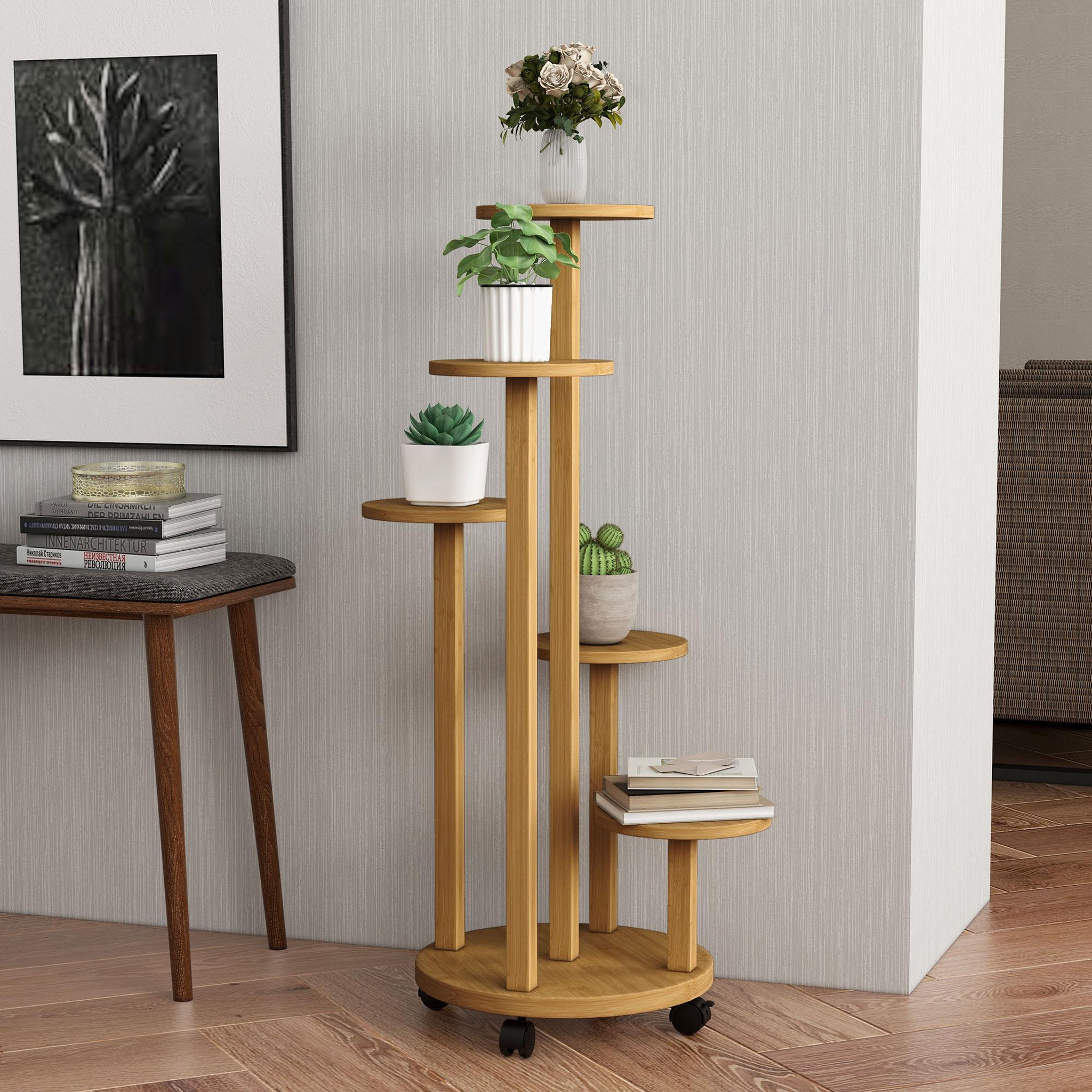 Voir la diapositive 2 : OUTSUNNY Étagère à plantes support à plantes 5 niveaux bambou