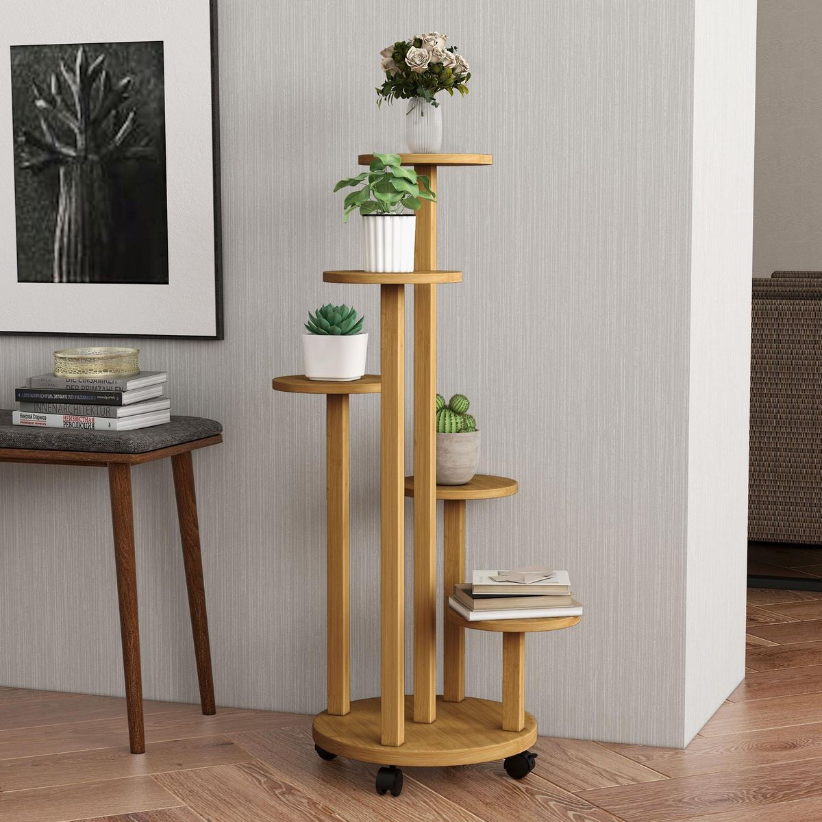 OUTSUNNY Étagère à plantes support à plantes 5 niveaux bambou