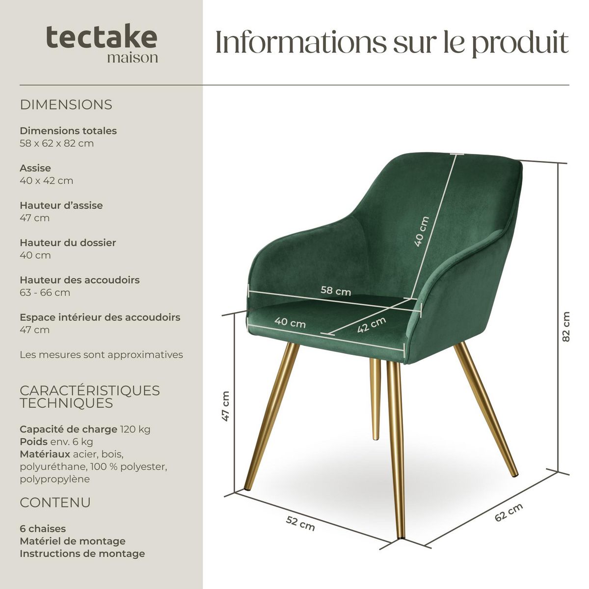 tectake Chaise rembourrée aspect velours vert foncé/or Lot de 6