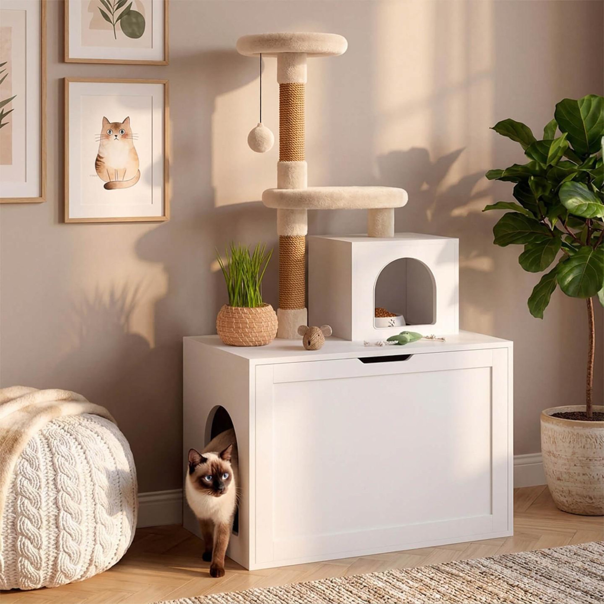 Voir la diapositive 2 : ID MARKET Maison de toilette pour chat avec arbre à chat, cache-litière 2 portes, niche et plateforme en bois blanc