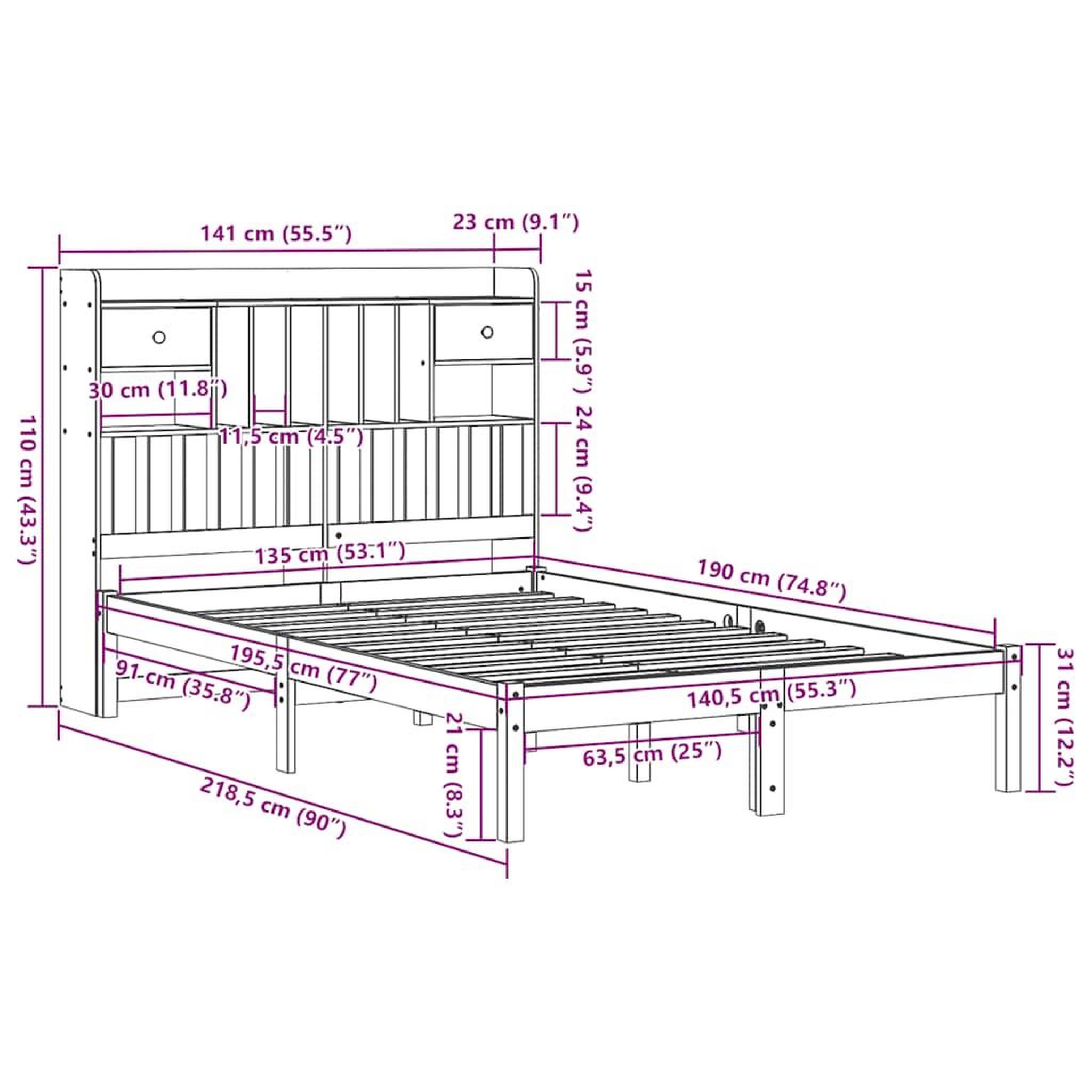 Voir la diapositive 6 : VIDAXL Lit bibliotheque sans matelas blanc 135x190 cm bois pin massif