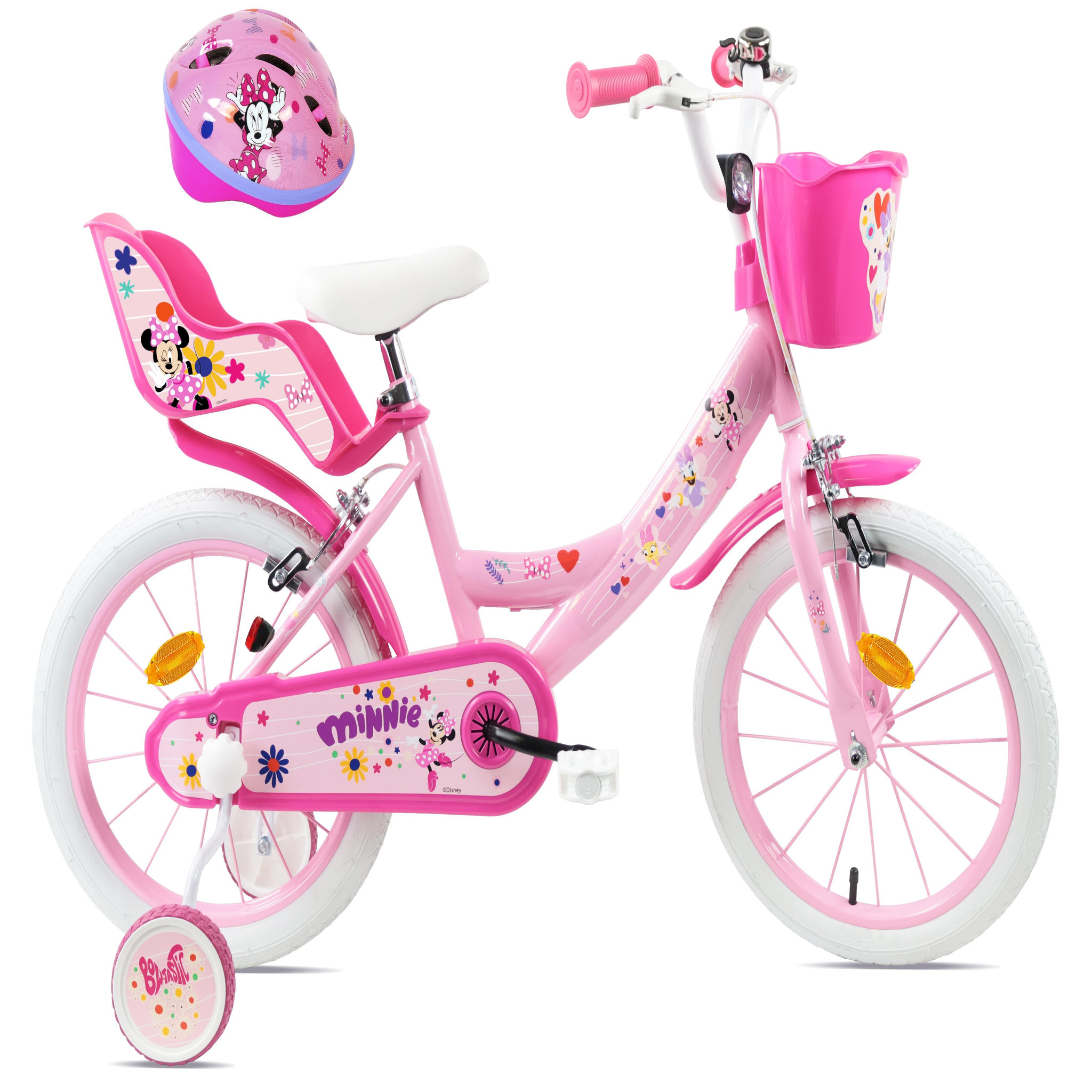 Disney Minnie Vélo enfant 16'' MINNIE / DISNEY pour enfant de 100 cm à 125 cm avec 2 freins, panier, porte poupée avec Casque inclus