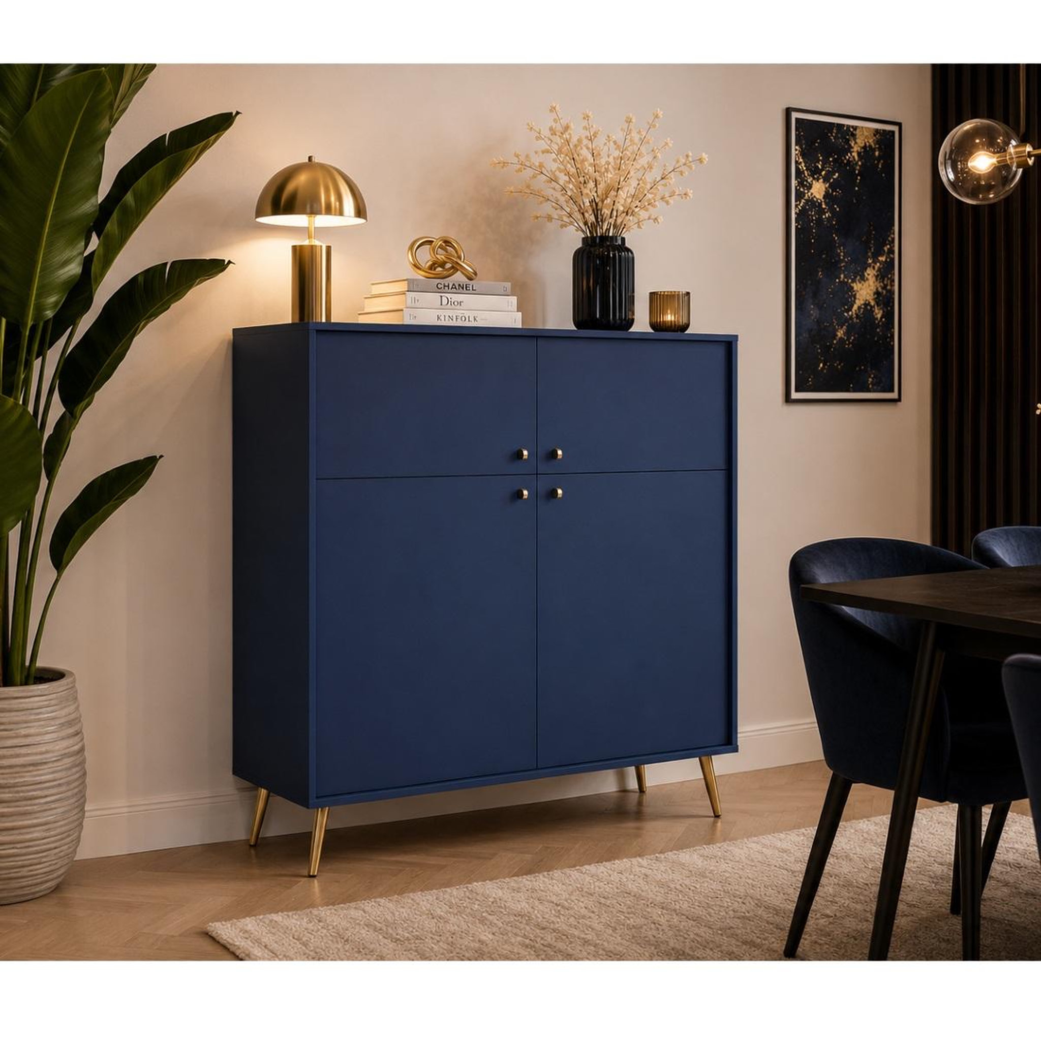 Voir la diapositive 2 : JLC KREATION Buffet haut moderne 4 portes bleu et pied doré ezia