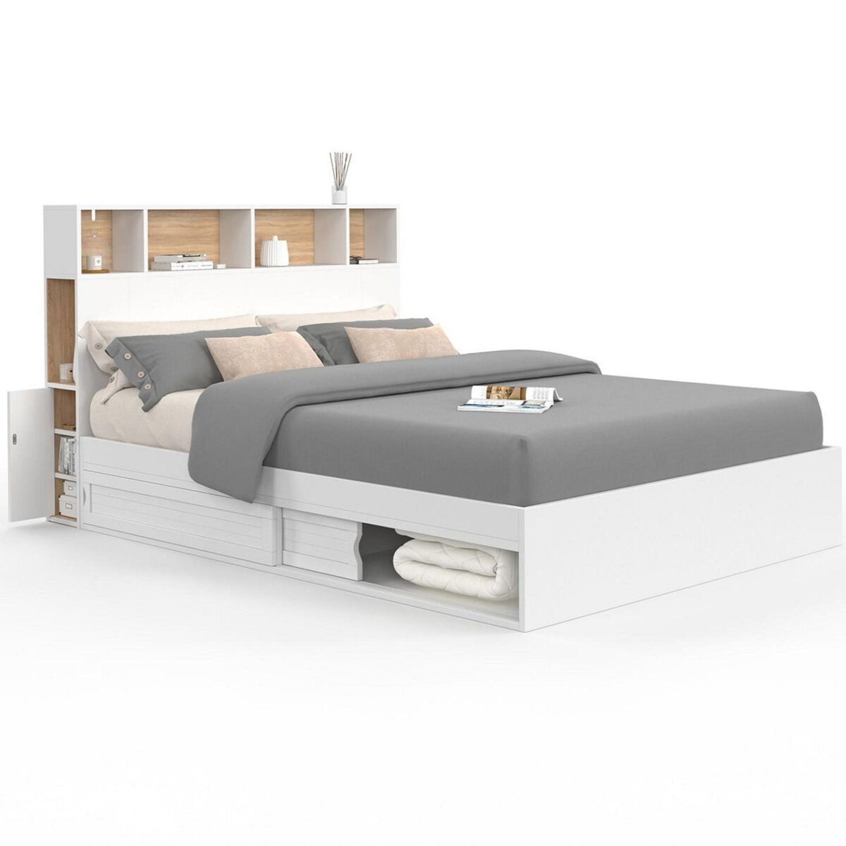 ID MARKET Lit double CLEM avec tête de lit, rangements et sommier 140 x 190 cm blanc