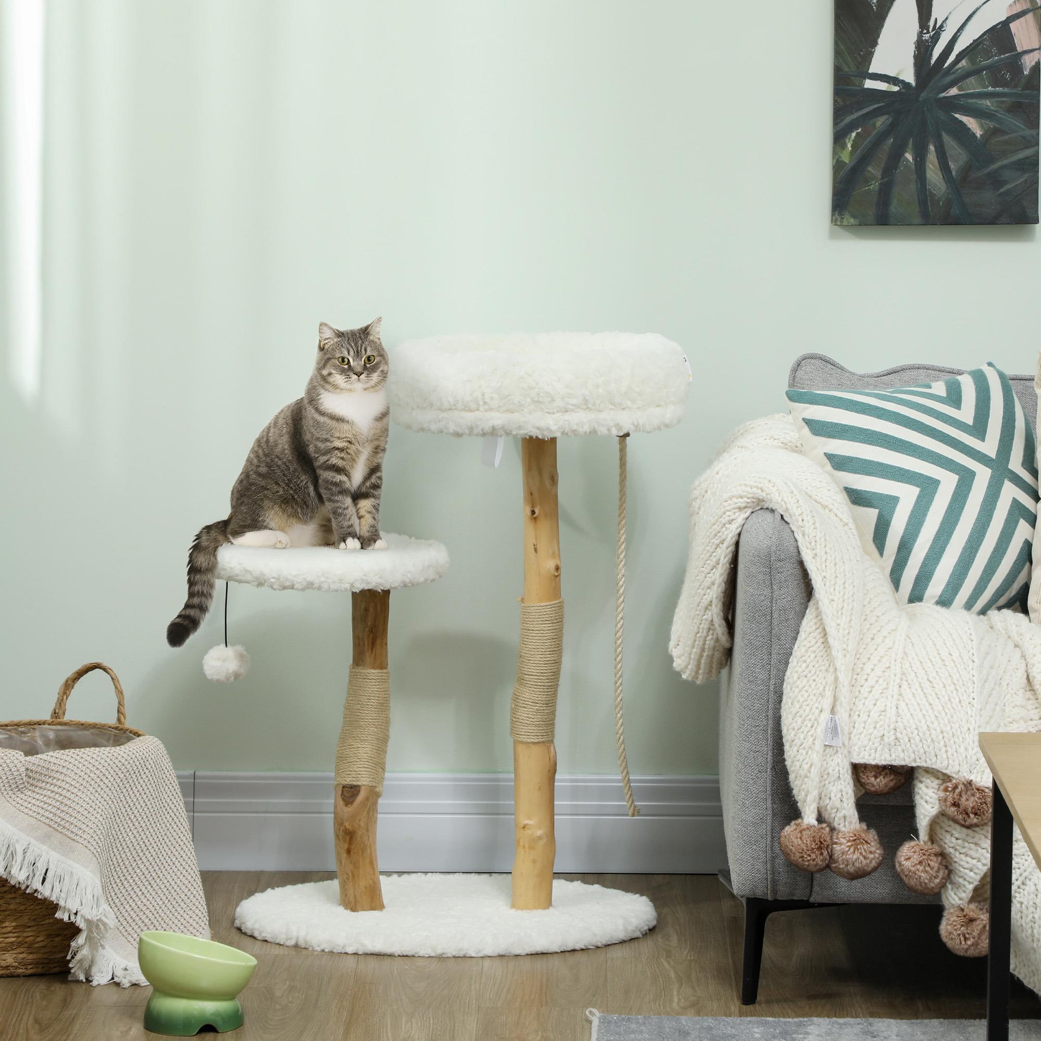 Voir la diapositive 2 : PAWHUT Arbre à chat style bohème chic h.85 cm plateforme panier observation corde boule bois naturel effet laine bouclée
