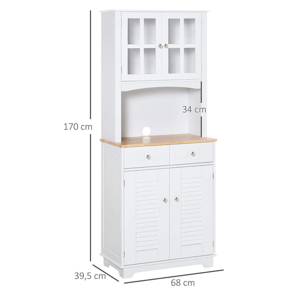 HOMCOM Armoire de cuisine 2 placards 2 portes persiennes et acryliques 2 tiroirs grande niche bois caoutchouc MDF blanc