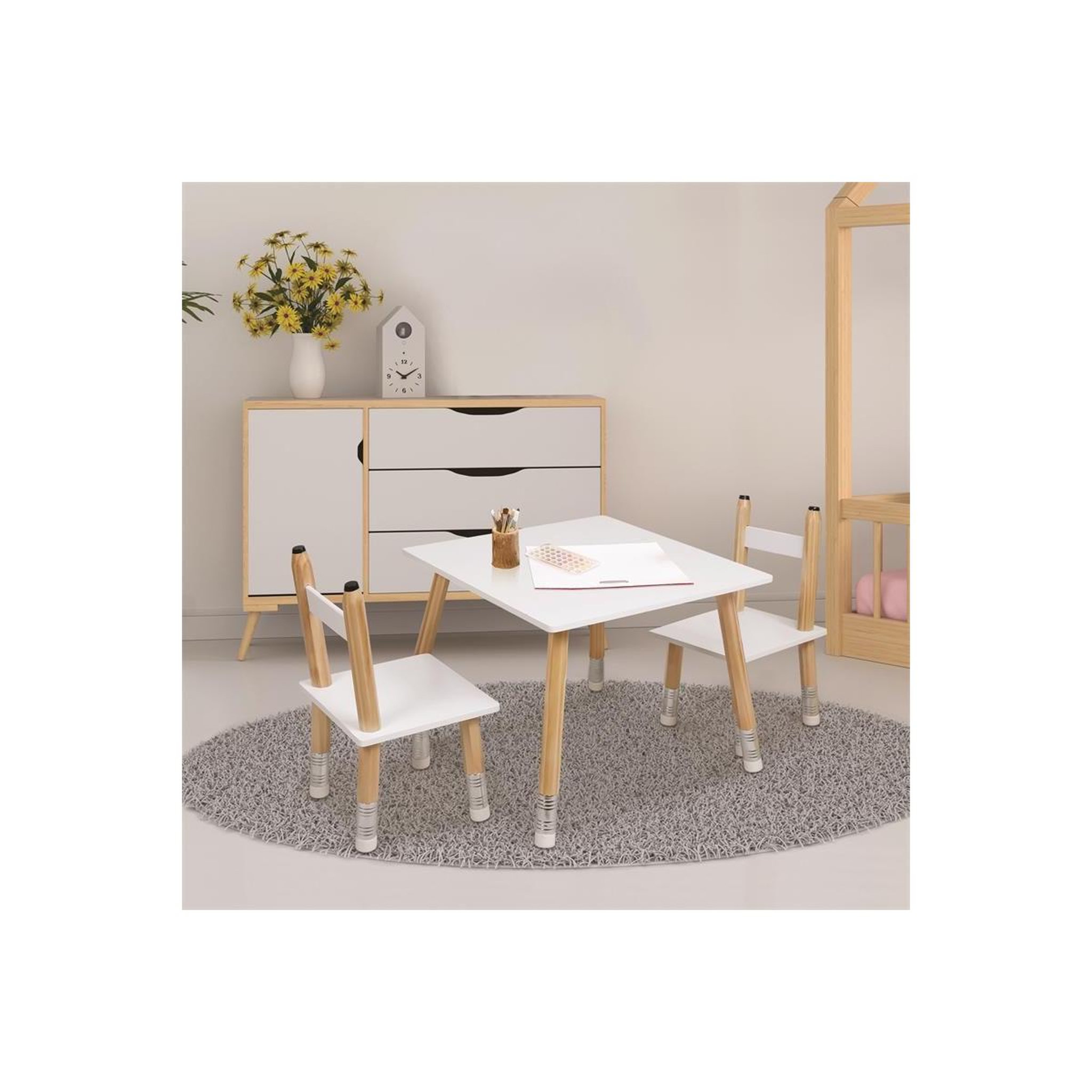 Voir la diapositive 5 : HOME DECO KIDS Table & 2 chaises enfant  crayon  60cm blanc