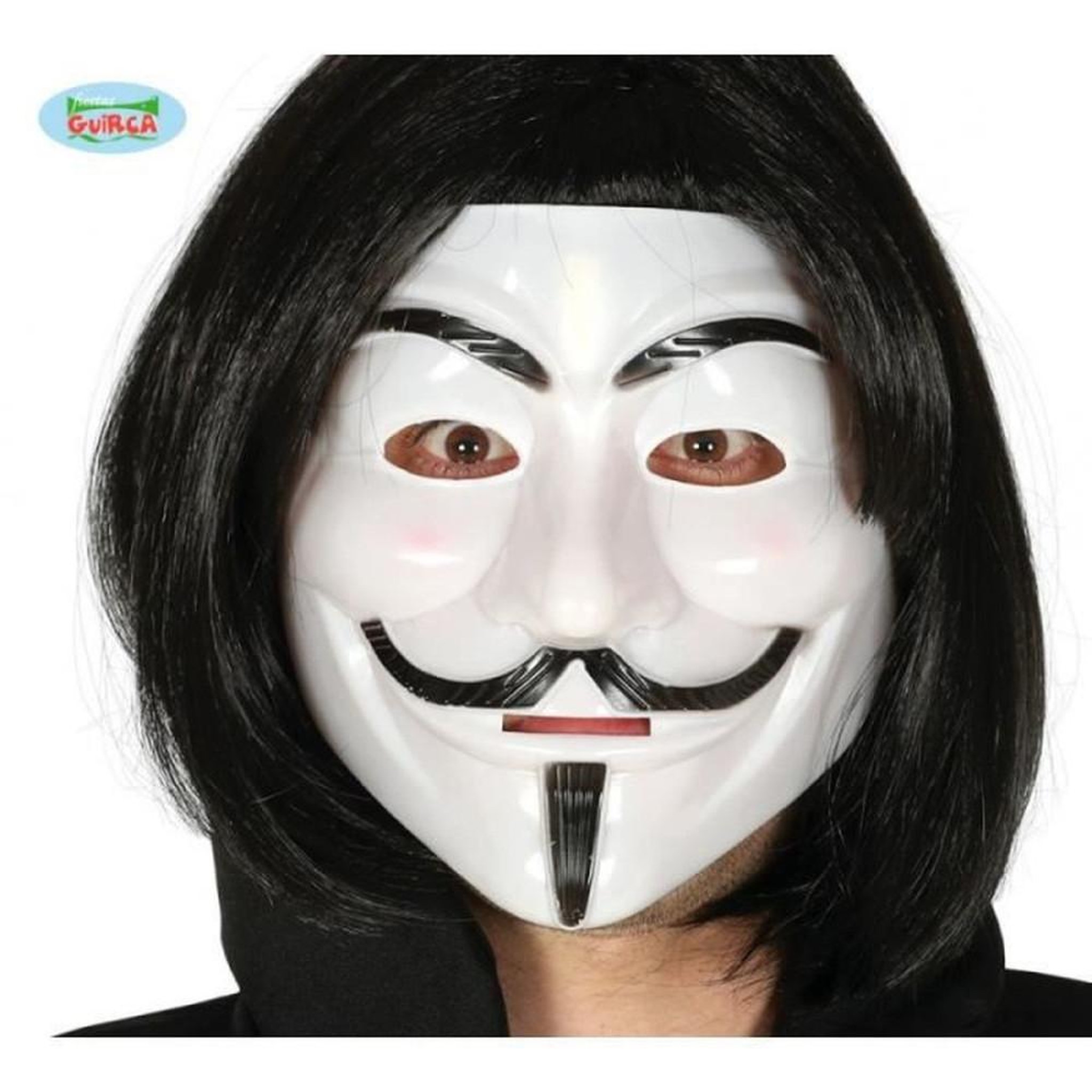 Masque visage horreur type Guy Fawkes V pour Vendetta en PVC rigide blanc et noir