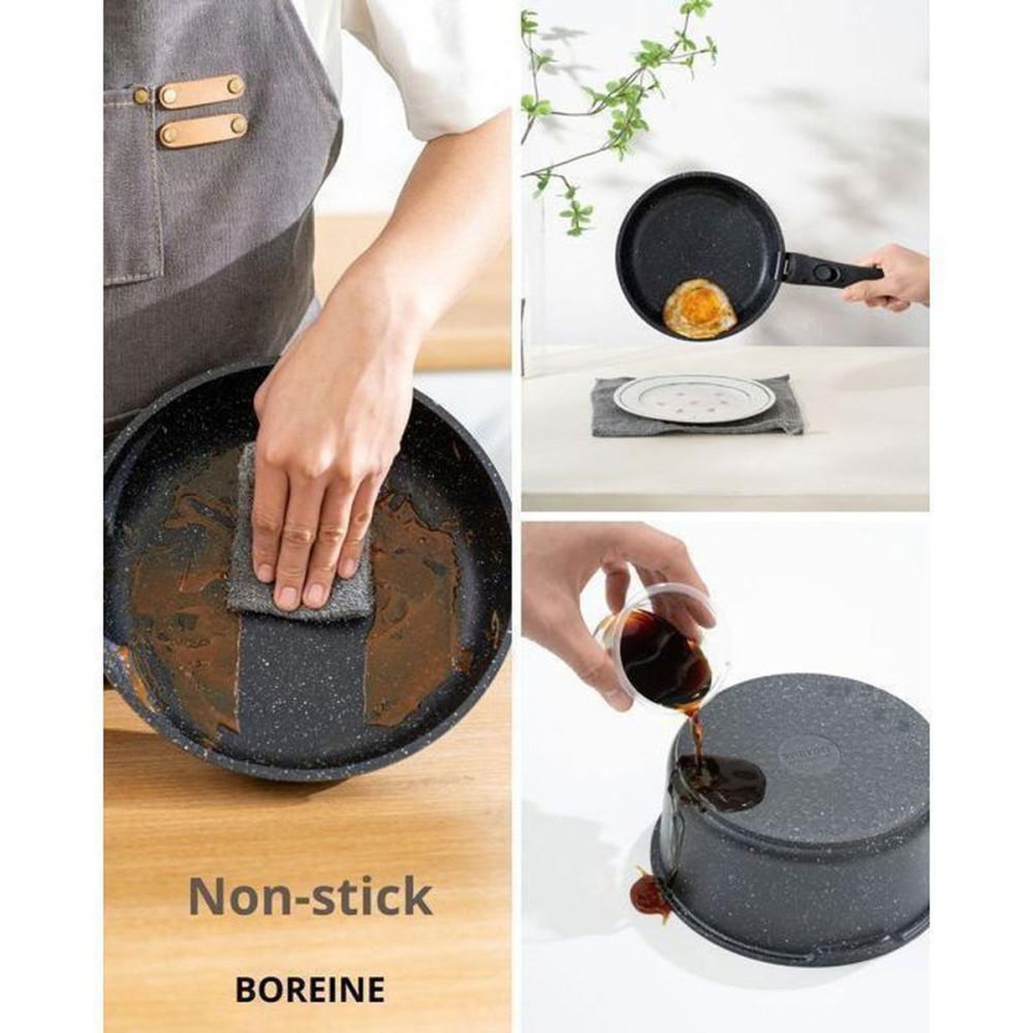 Voir la diapositive 3 : Coffret batterie de cuisine 14 pièces effet pierre noir, revêtement antiadhésif, poignées amovibles, couvercles silicone et conservation, compatible induction et four jusqu'à 250°C
