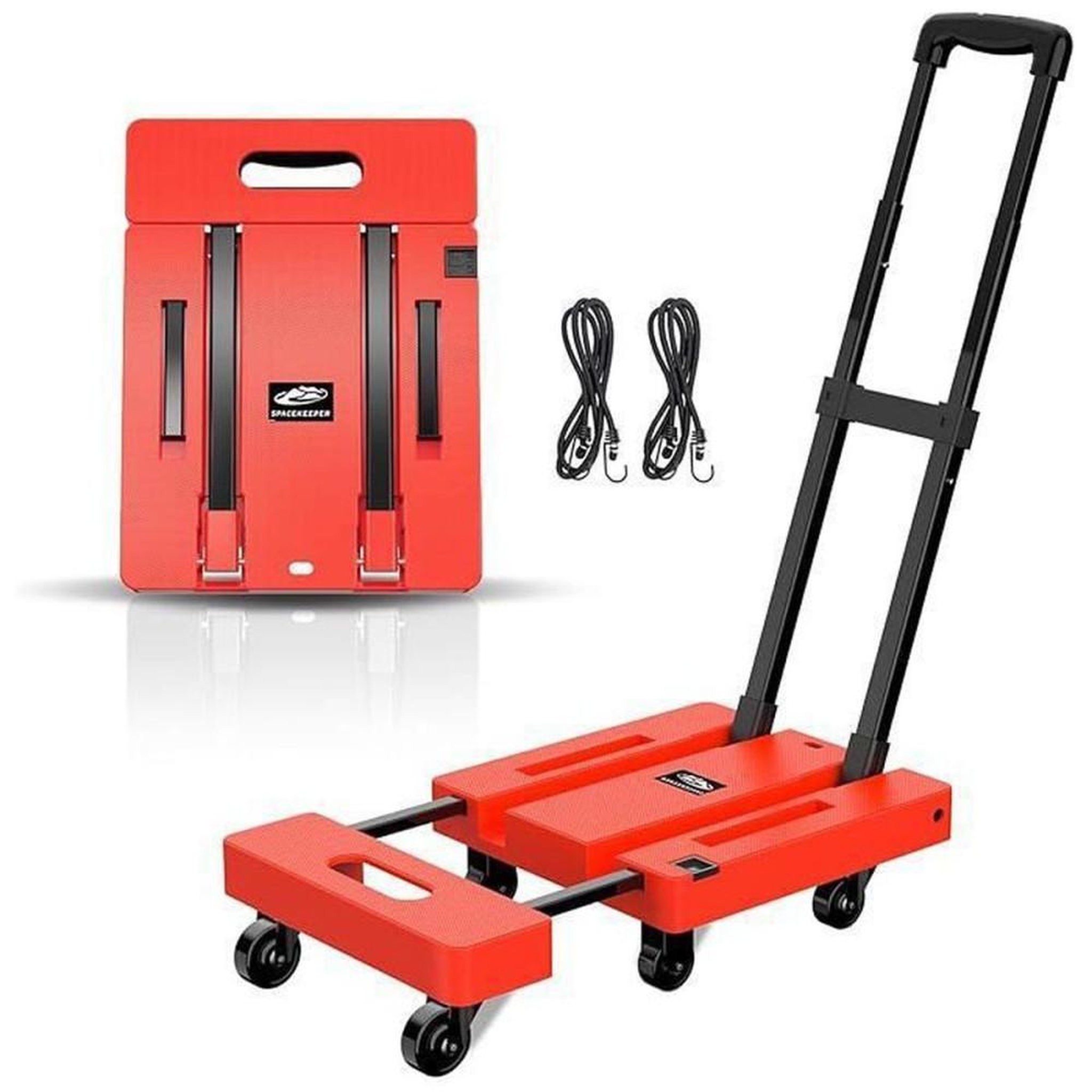 Chariot de transport pliant Spacekeeper rouge plateforme extensible capacité 230 kg 6 roulettes pivotantes 360°