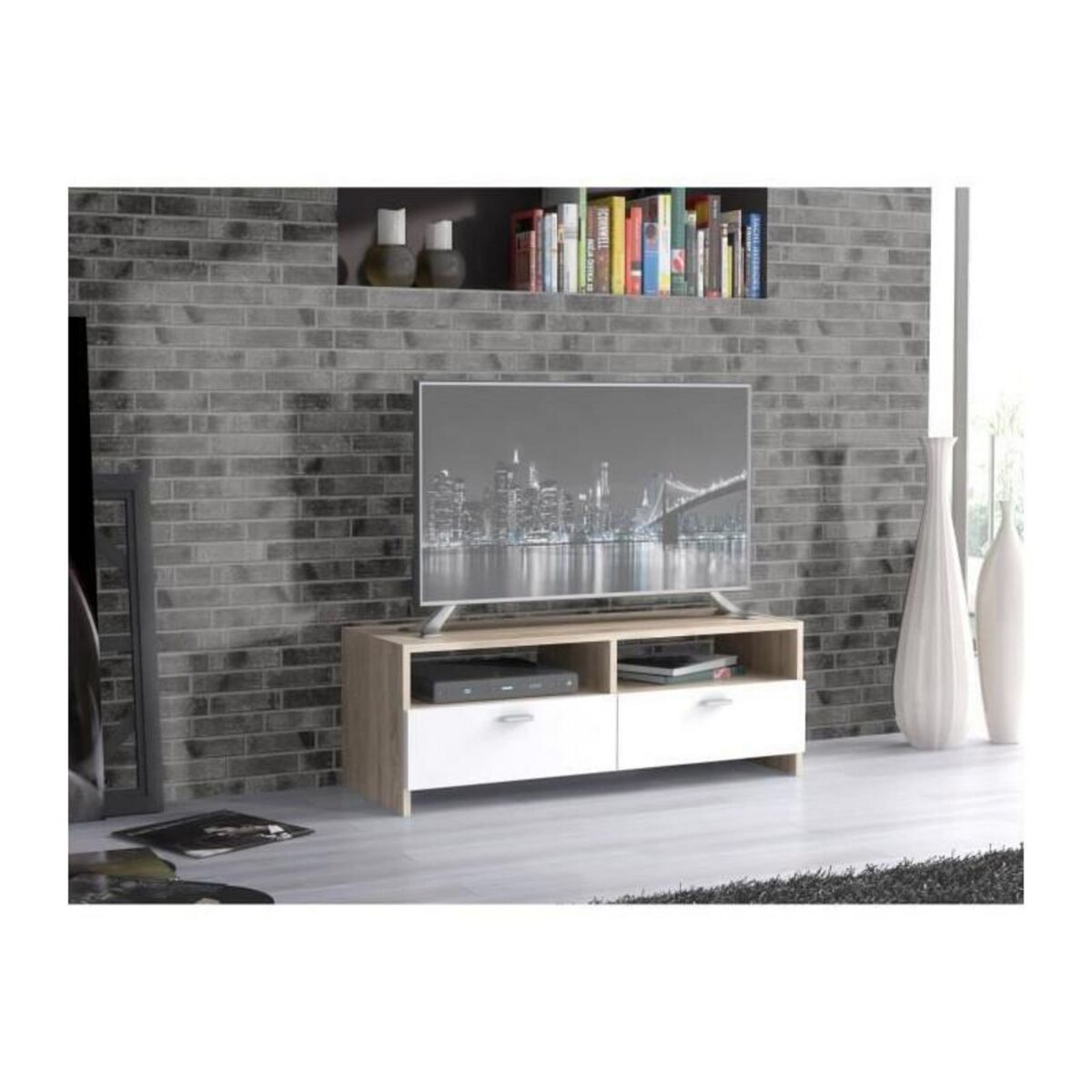 FINLANDEK FINLANDEK Meuble TV HELPPO contemporain blanc mat et decor chene - L 95 cm