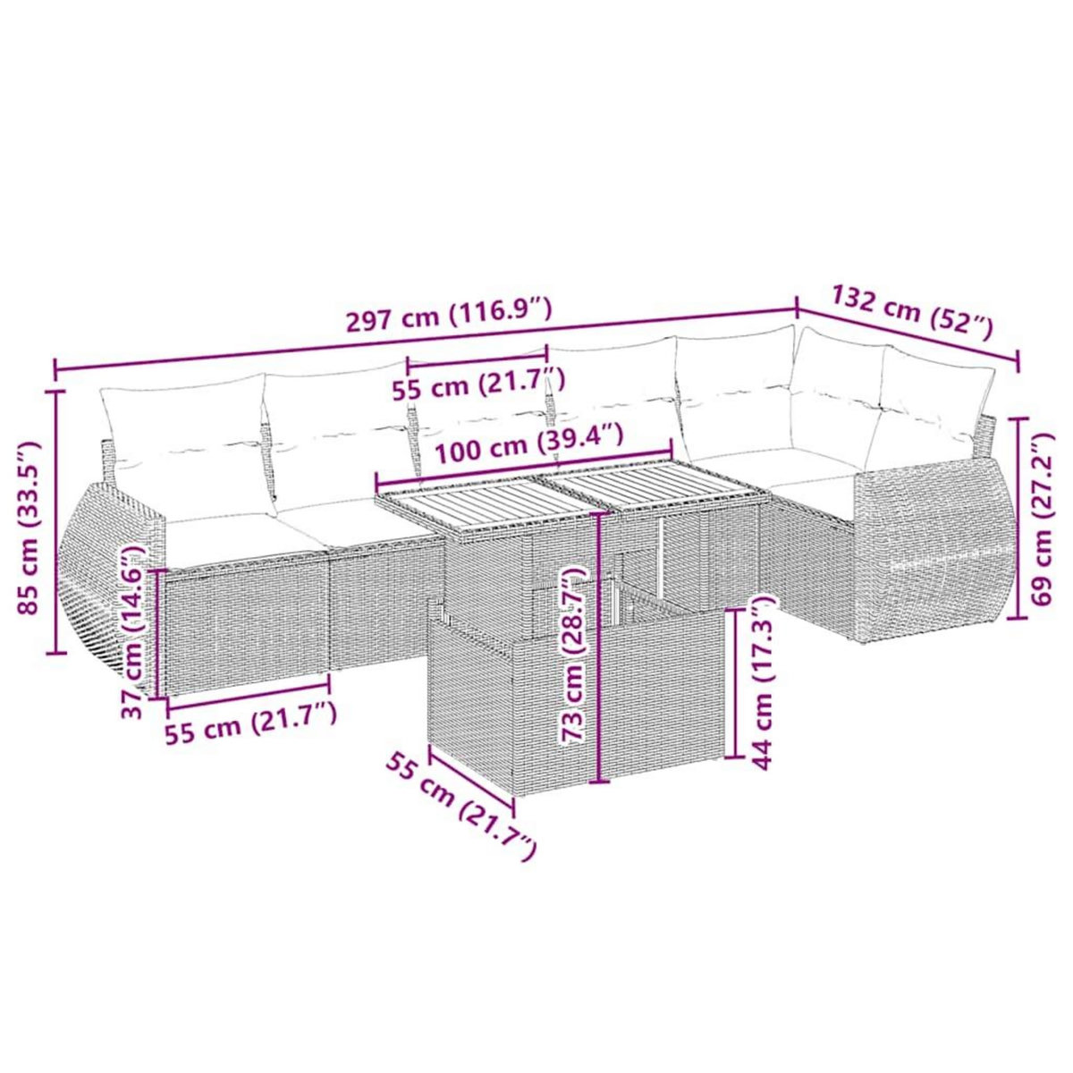 VIDAXL Salon de jardin avec coussins 7 pcs beige resine tressee