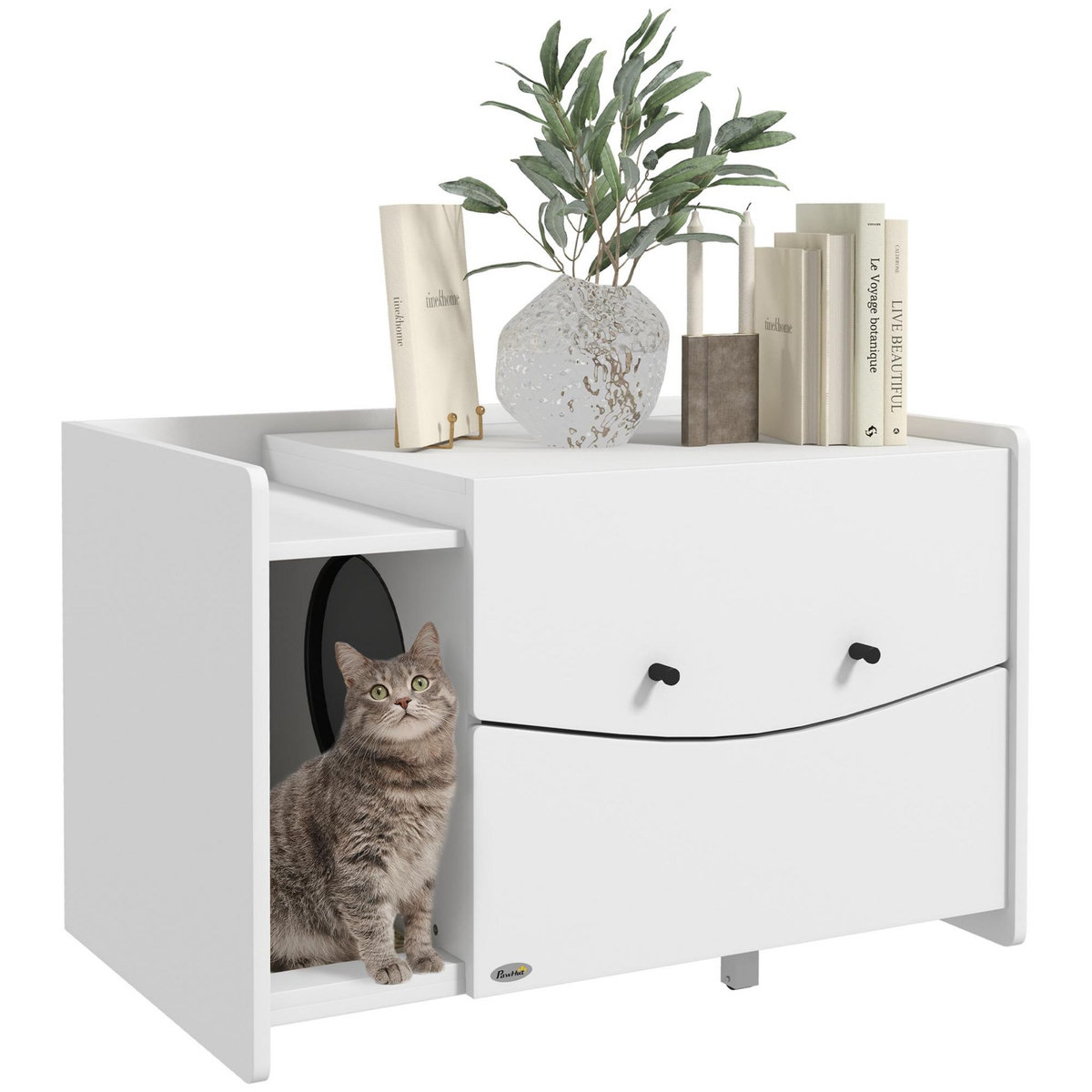 PAWHUT Maison de toilette pour chat - meuble cache litière - compartiment coulissant, aérations, tapis de fuite - blanc