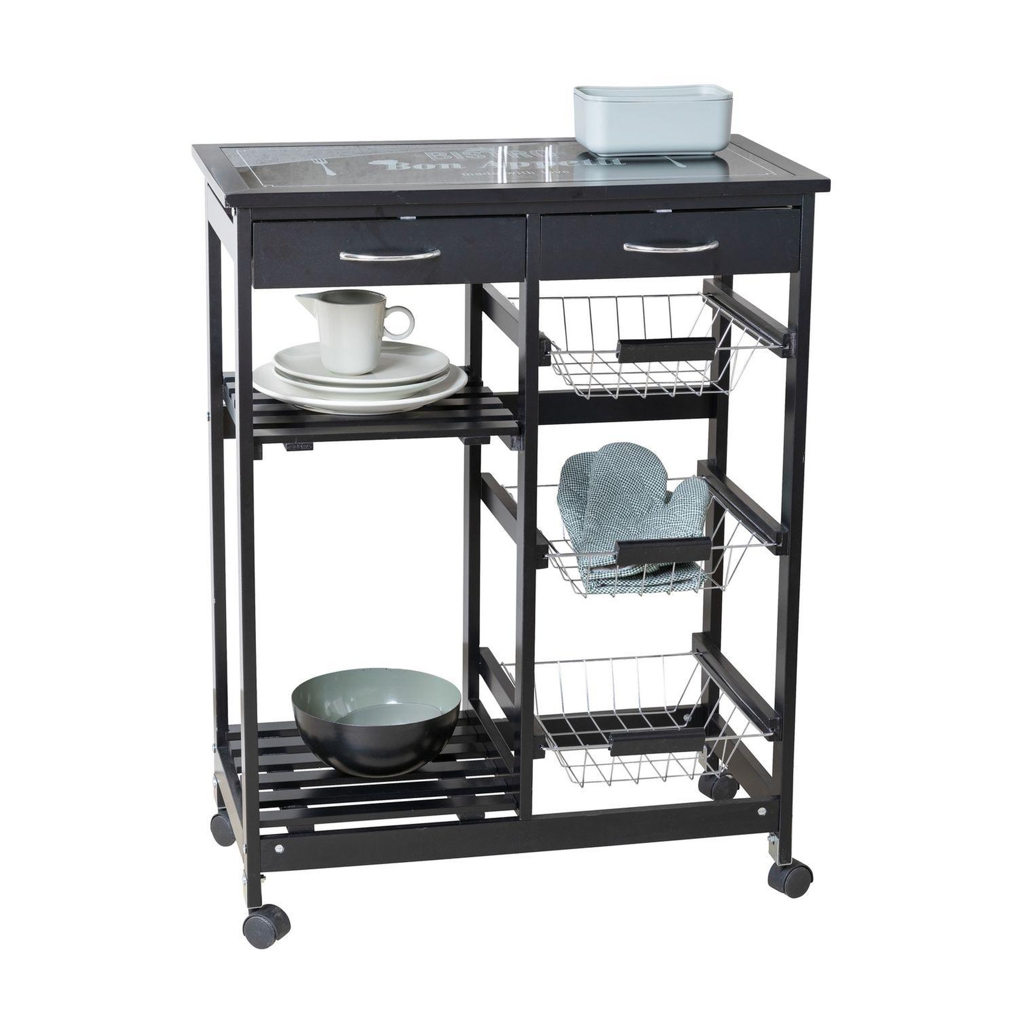 Wenko Desserte de cuisine à roulettes bois Bon Appetit - L. 67 x H. 86 cm - Noir
