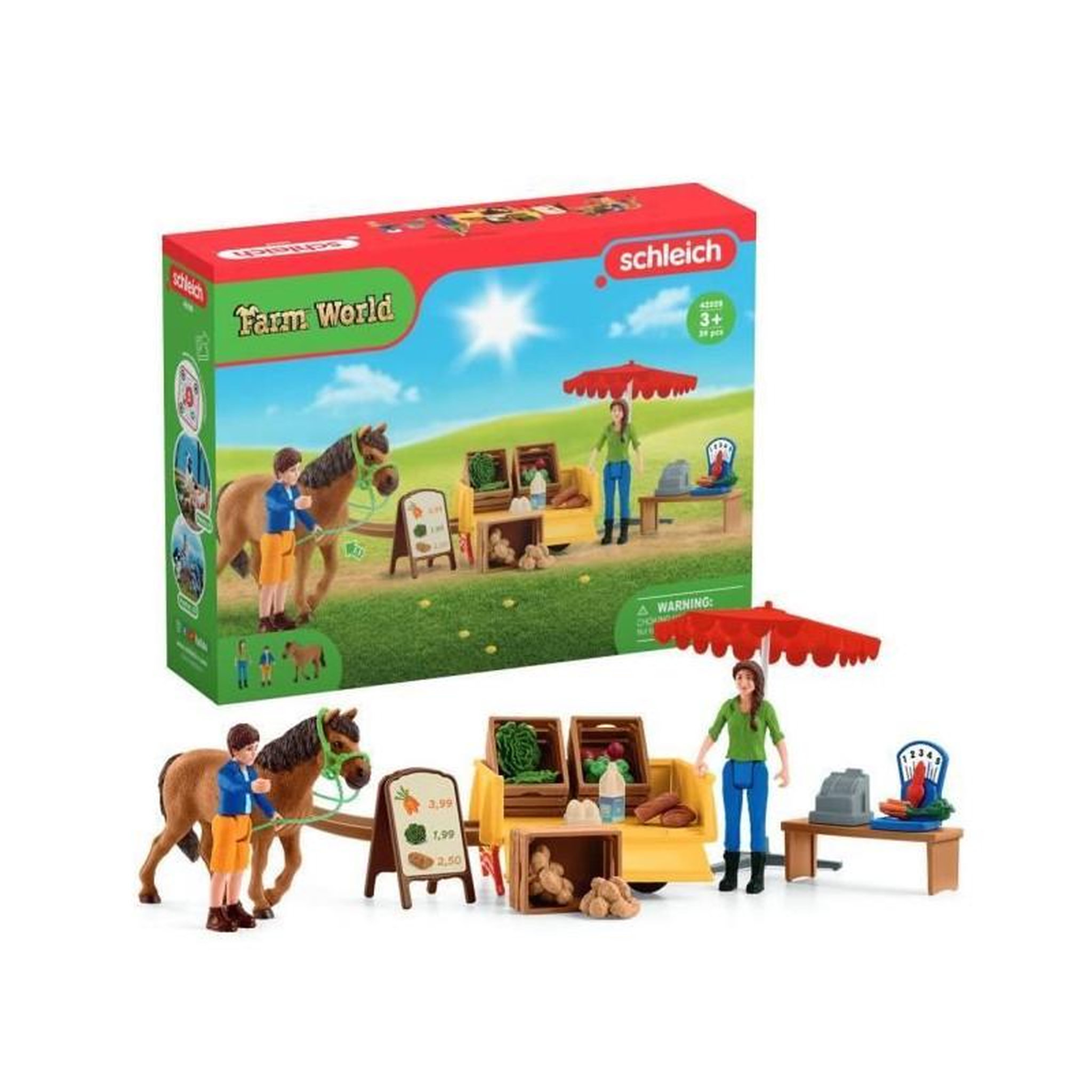 Schleich Étal mobile de la ferme, jeu de ferme avec figurines de fermiers, cheval et étal de marchandises, jouets animaux de la ferme p