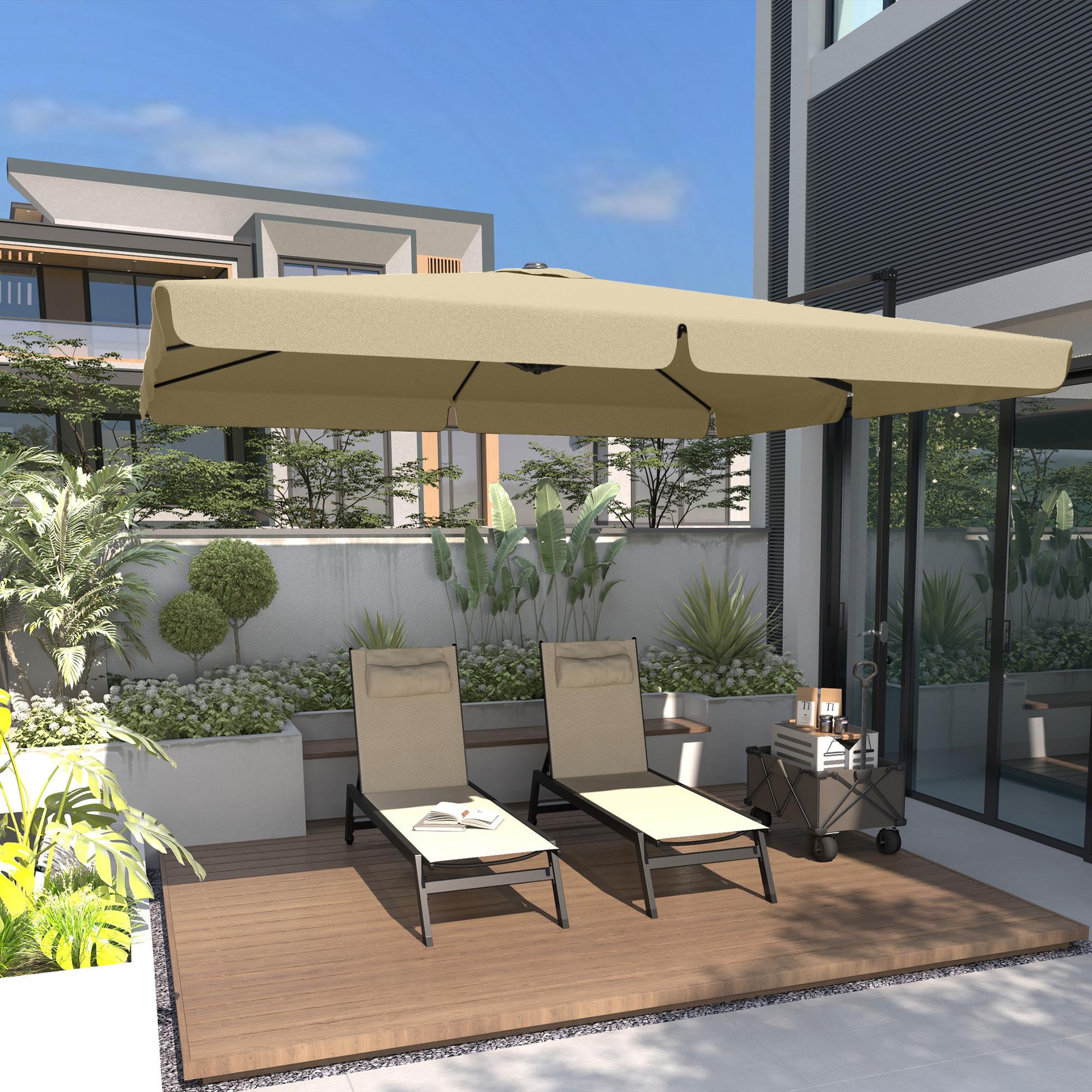Voir la diapositive 4 : OUTSUNNY Bain de soleil transat inclinable 5 positions - tétière, 2 roulettes - alu. textilène kaki