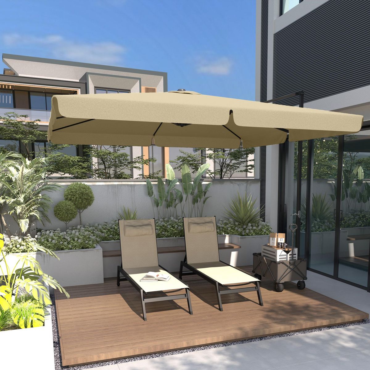 OUTSUNNY Bain de soleil transat inclinable 5 positions - tétière, 2 roulettes - alu. textilène kaki