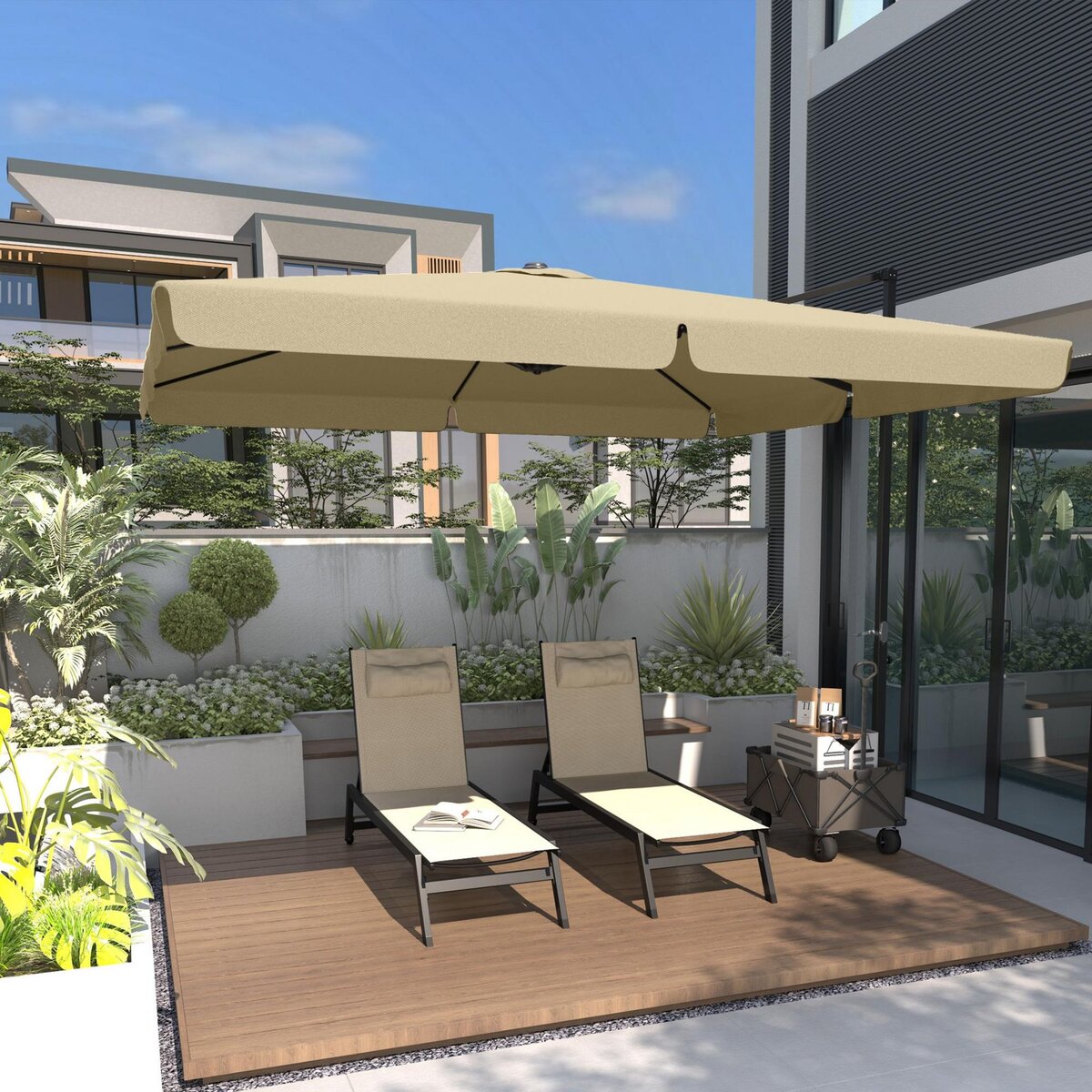 OUTSUNNY Bain de soleil transat inclinable 5 positions - tétière, 2 roulettes - alu. textilène kaki