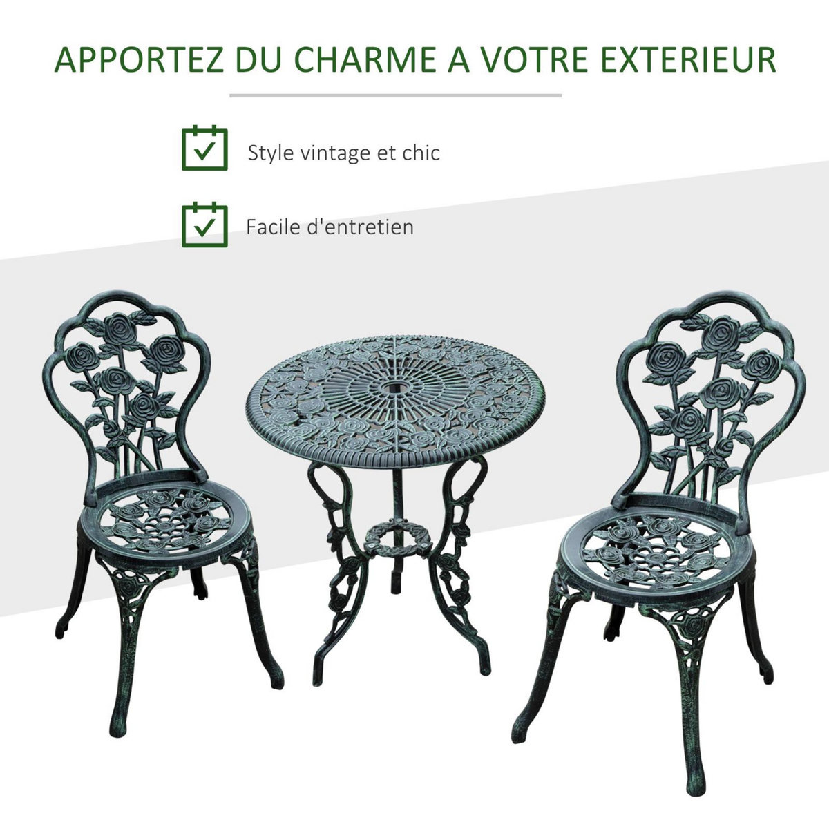 OUTSUNNY Ensemble salon de jardin 2 places 2 chaises + table ronde style néo-rétro motif rose lignes fuselées fonte d'aluminium vert vieilli
