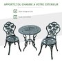 Voir la diapositive 4 : OUTSUNNY Ensemble salon de jardin 2 places 2 chaises + table ronde style néo-rétro motif rose lignes fuselées fonte d'aluminium vert vieilli