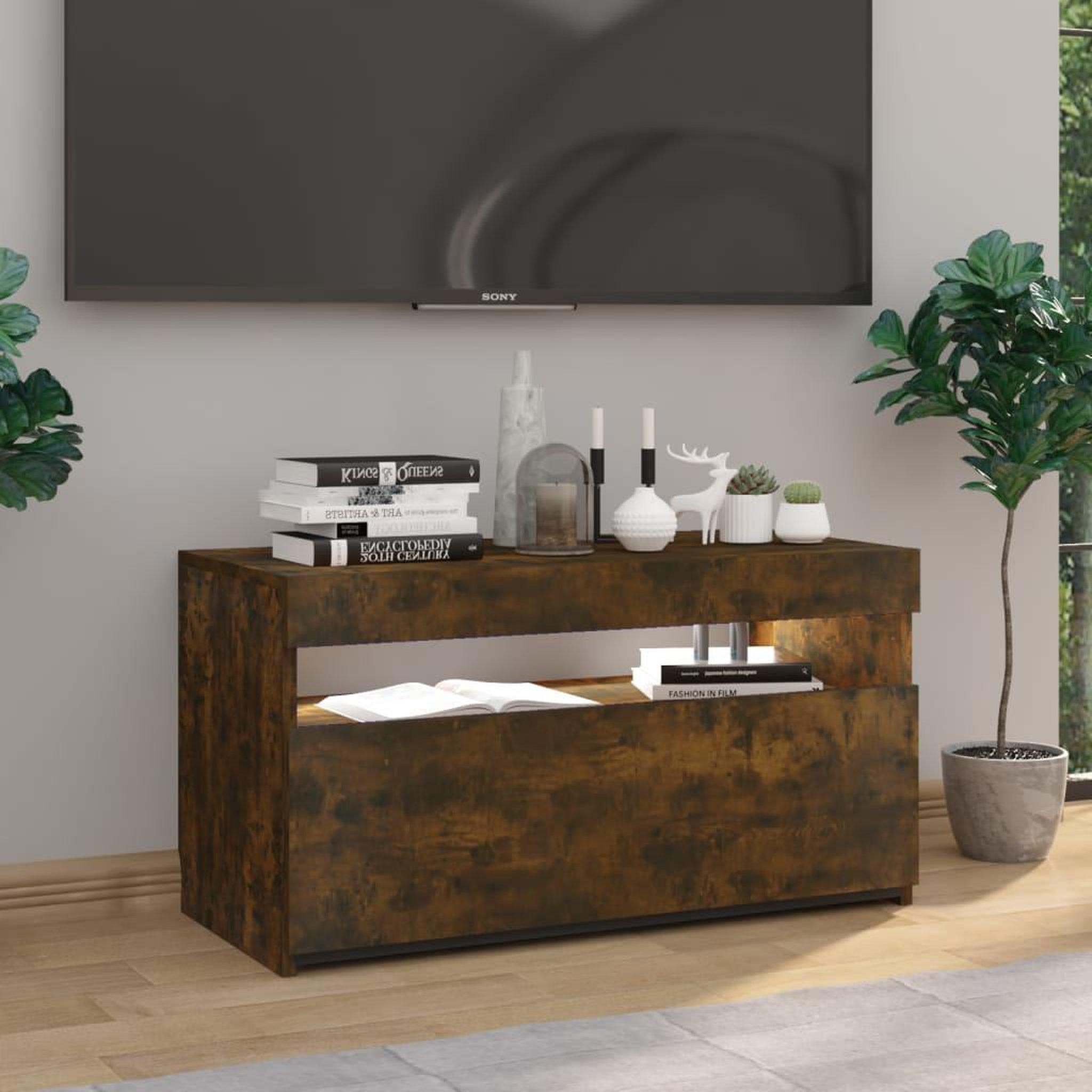 Voir la diapositive 4 : VIDAXL Meuble TV avec lumieres LED Chene fume 75x35x40 cm