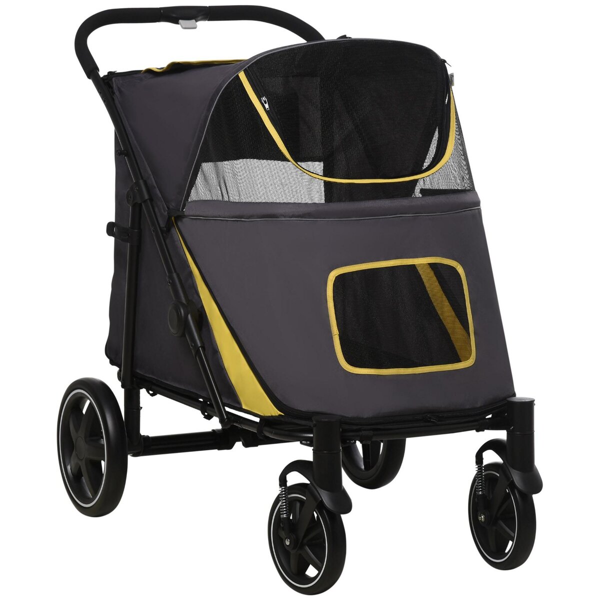PAWHUT Poussette pour chien pliable 4 roues 2 portes rangements attache noir gris jaune