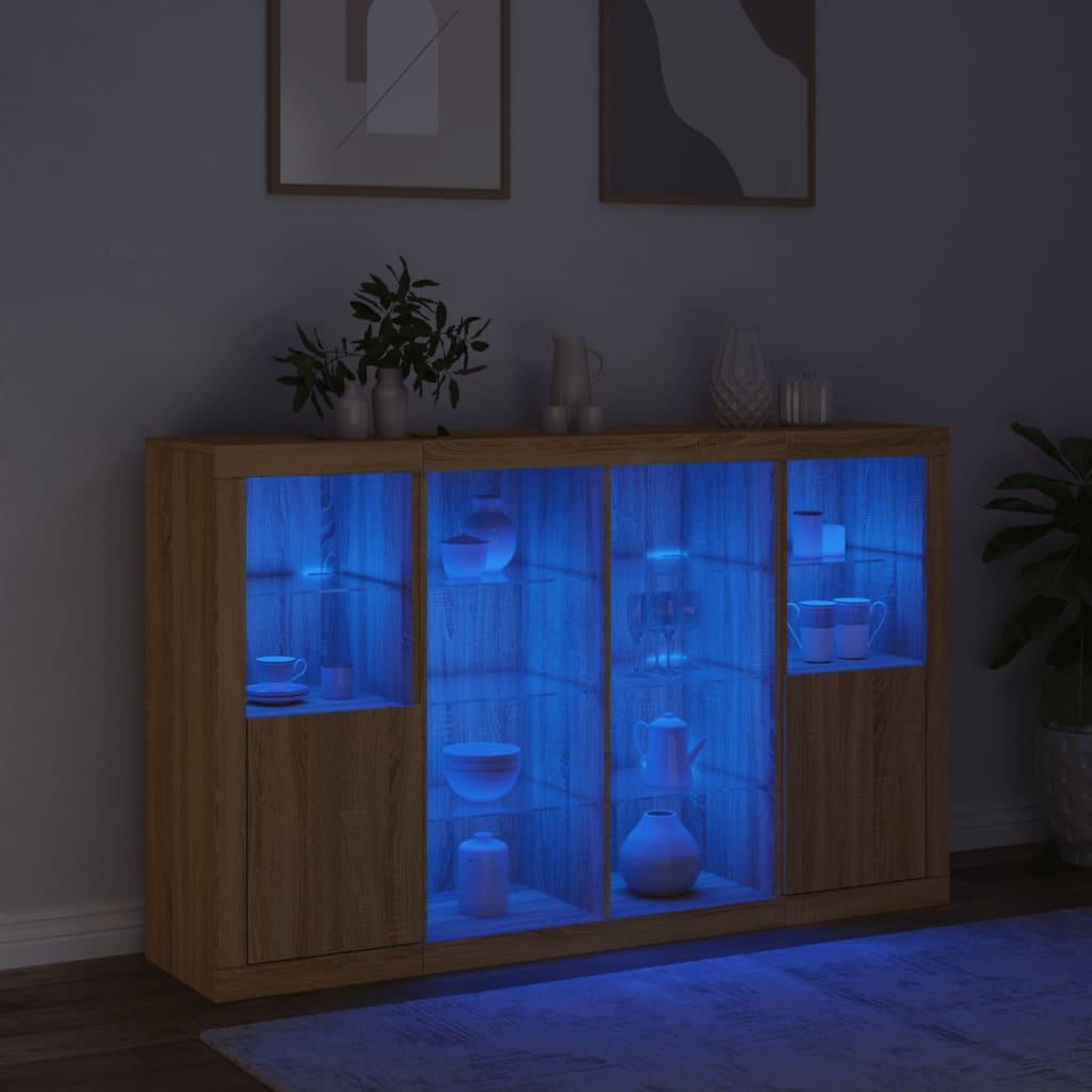 Voir la diapositive 3 : VIDAXL Buffets avec lumieres LED 3 pcs chene sonoma bois d'ingenierie