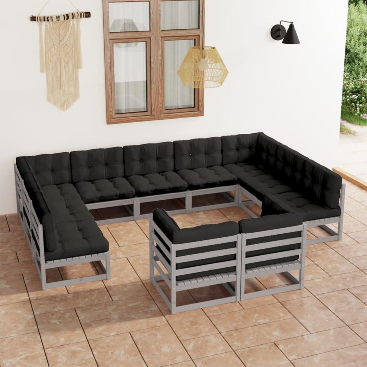 VIDAXL Salon de jardin 11 pcs avec coussins Gris Bois de pin massif
