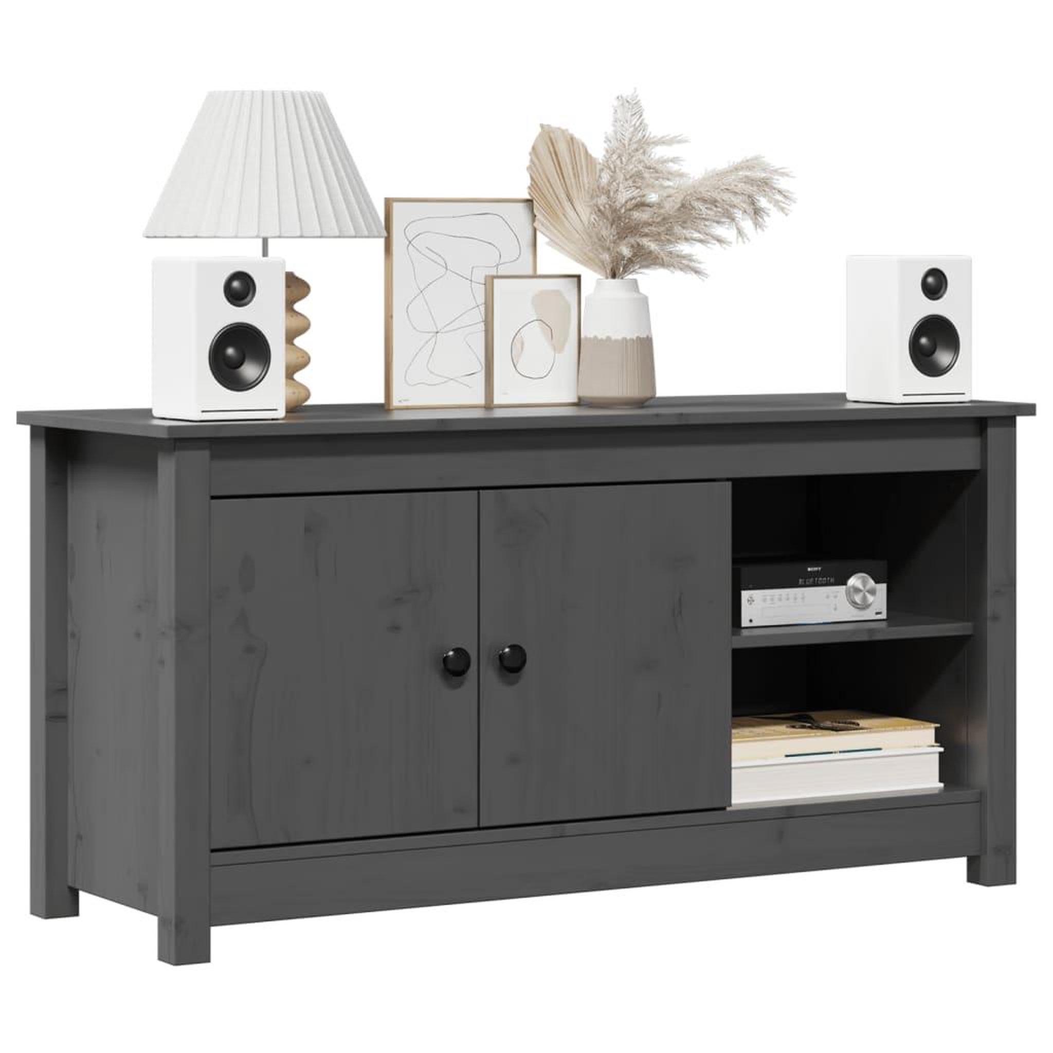 Voir la diapositive 3 : VIDAXL Meuble TV Gris 103x36,5x52 cm Bois de pin massif
