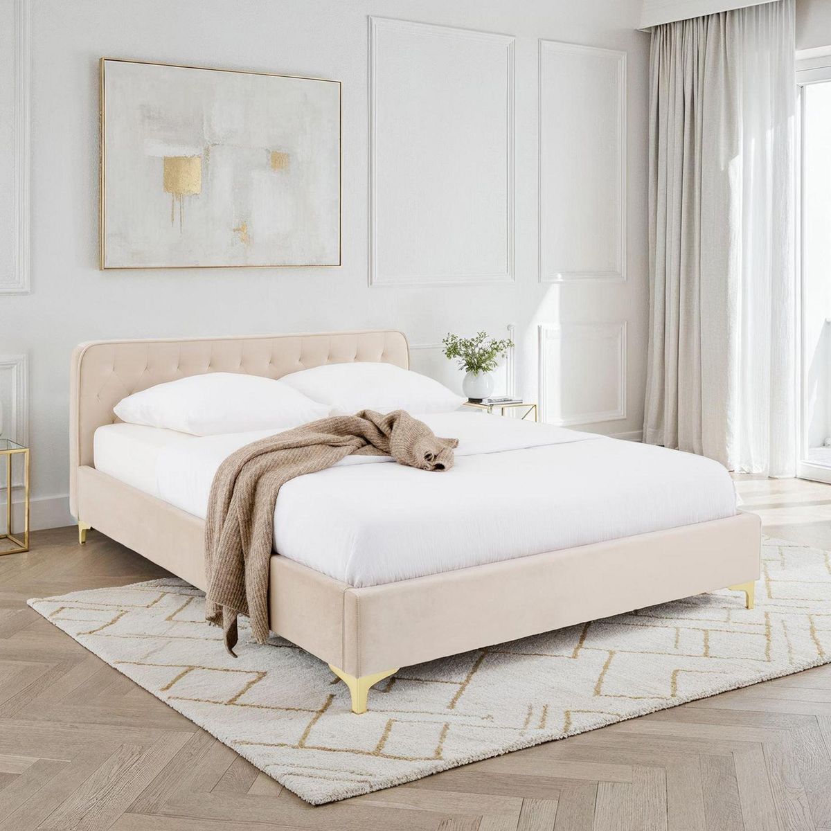 IDIMEX Lit double GLAMOUR, 140x190 cm, capitonné avec sommier, revêtement en velours