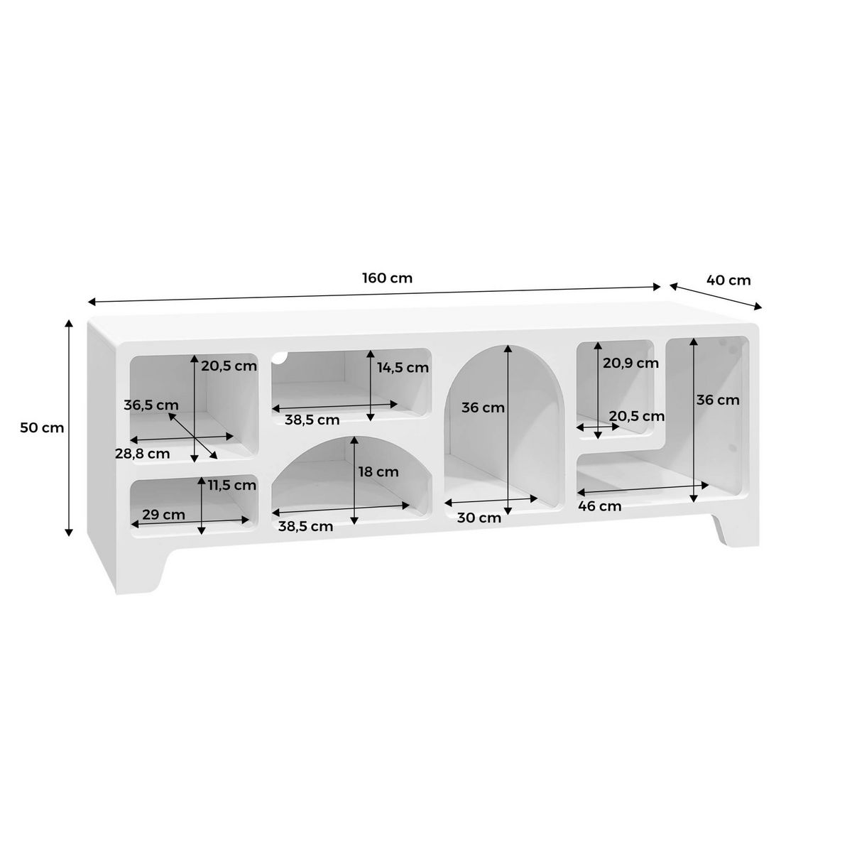 SWEEEK Meuble tv organique effet bois blanc 160cm avec plusieurs niches 7 compartiments de rangement L160cm