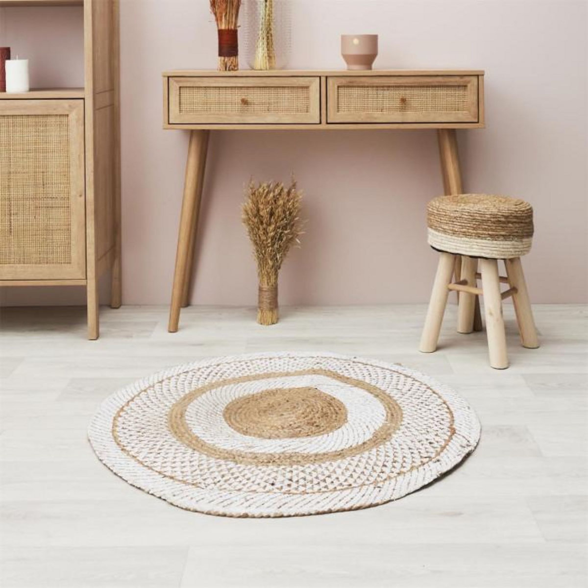 Paris Prix Tapis Rond Déco en Jute  Imprimé  90cm Blanc