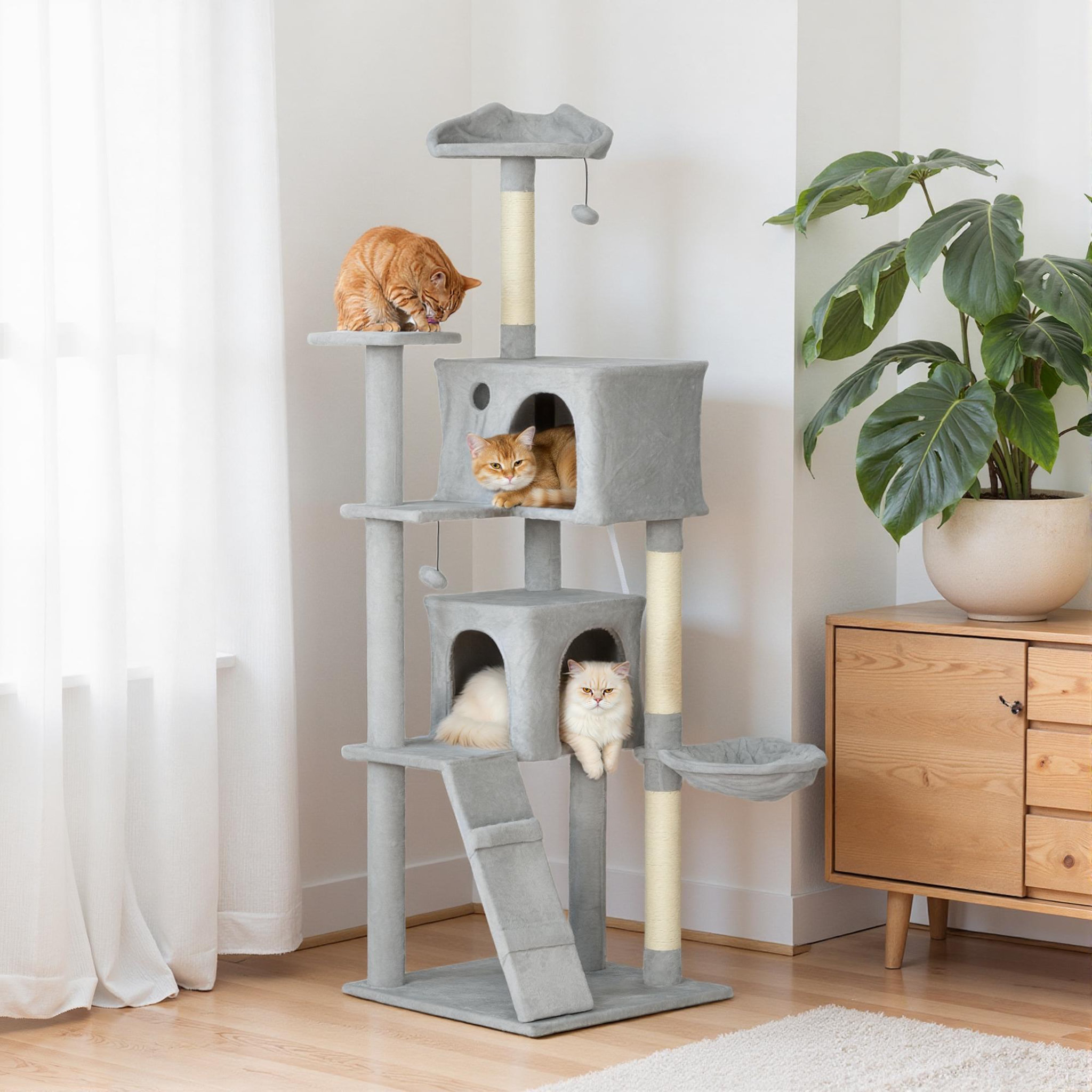 Voir la diapositive 2 : PAWHUT Arbre à chat grande taille h.180cm - niches, hamac, griffoirs, plateformes - gris clair