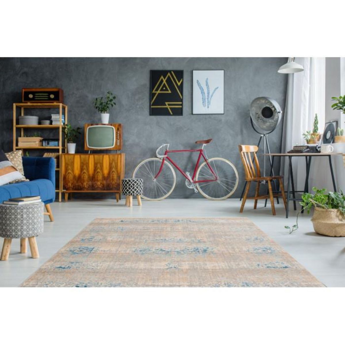 Paris Prix Tapis Vintage à Franges  Baroque III  Gris & Turquoise