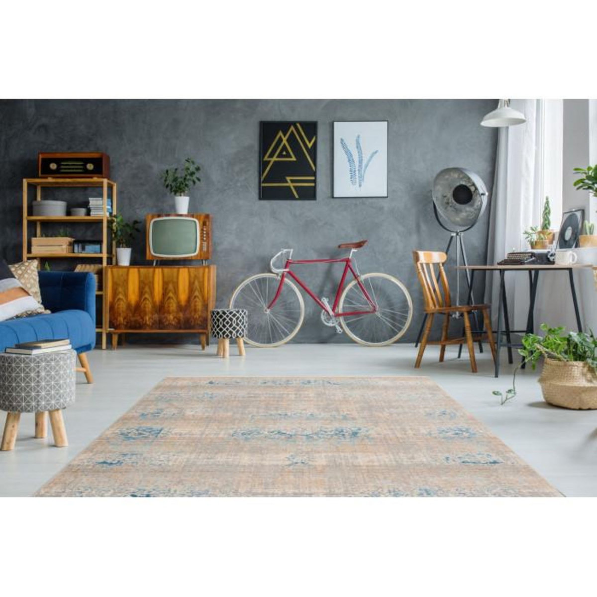 Paris Prix Tapis Vintage à Franges  Baroque III  Gris & Turquoise