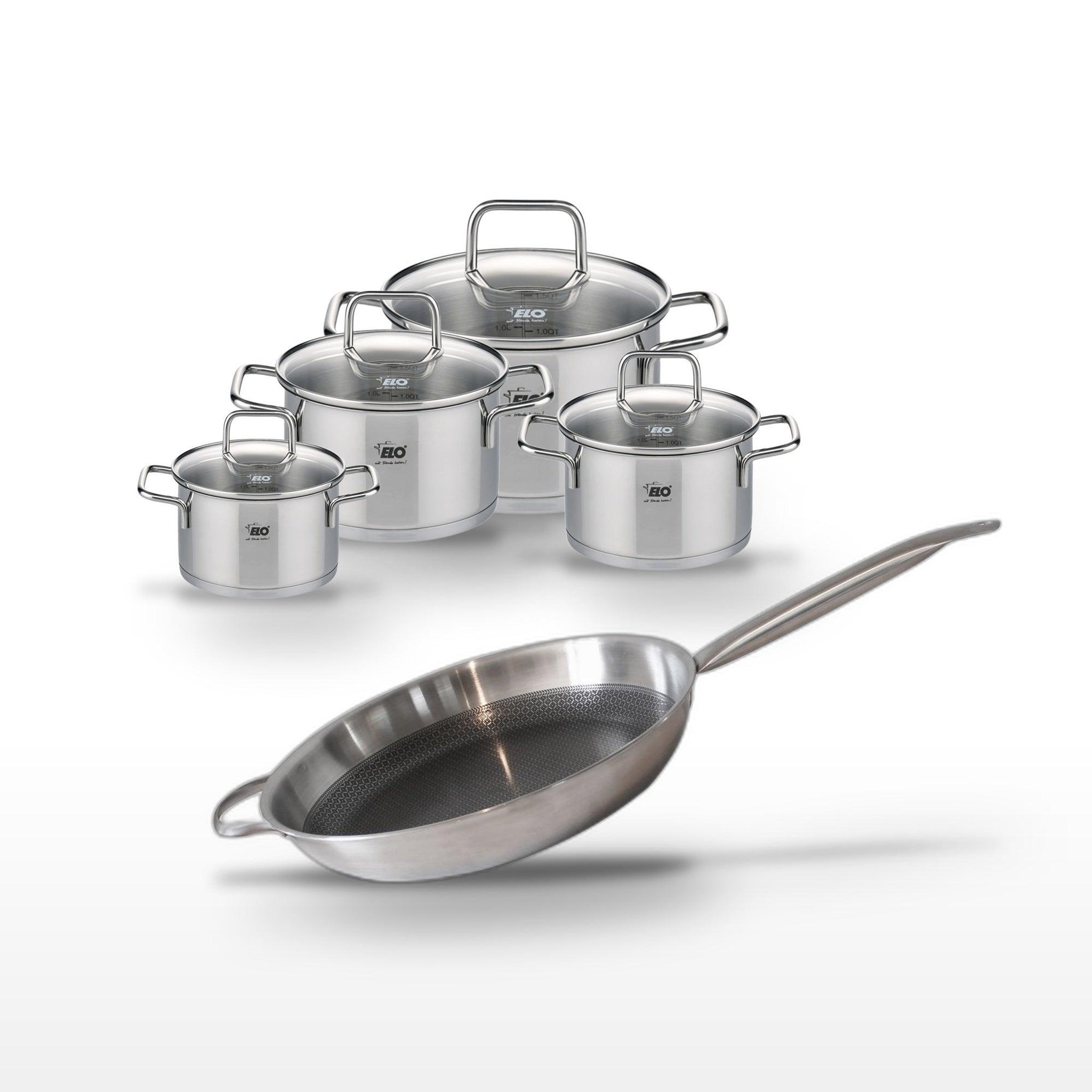 ELO Batterie de cuisine set casserole et poêle poêle 32 cm faitouts 12/14/16/20 cm acier inoxydable elo collection relief solution citrin