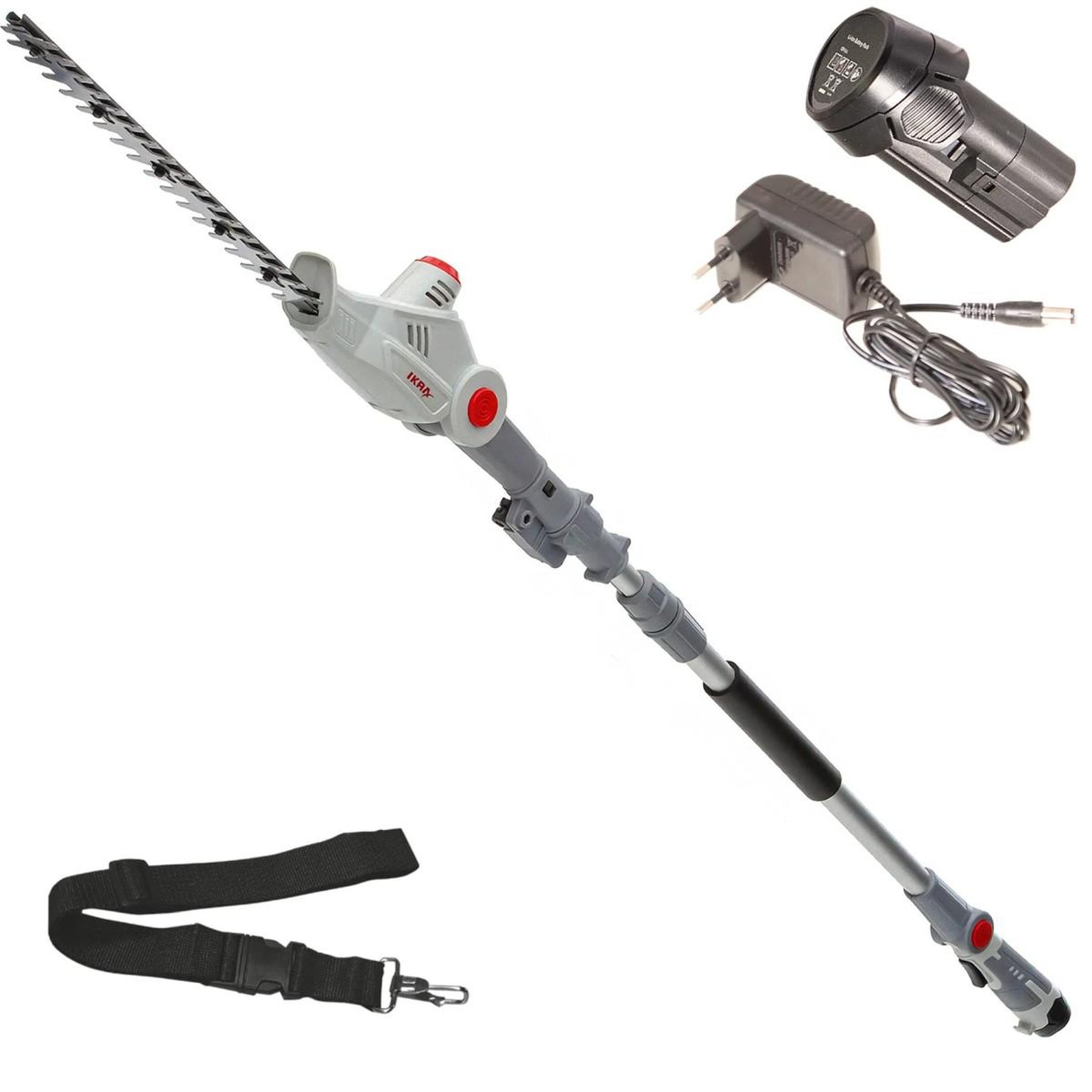 Ikra Taille haie sur perche télescopique 12v - lame de 41cm -batterie lithium 2,5ah - chargeur 12v - sangle d'épaule ikra
