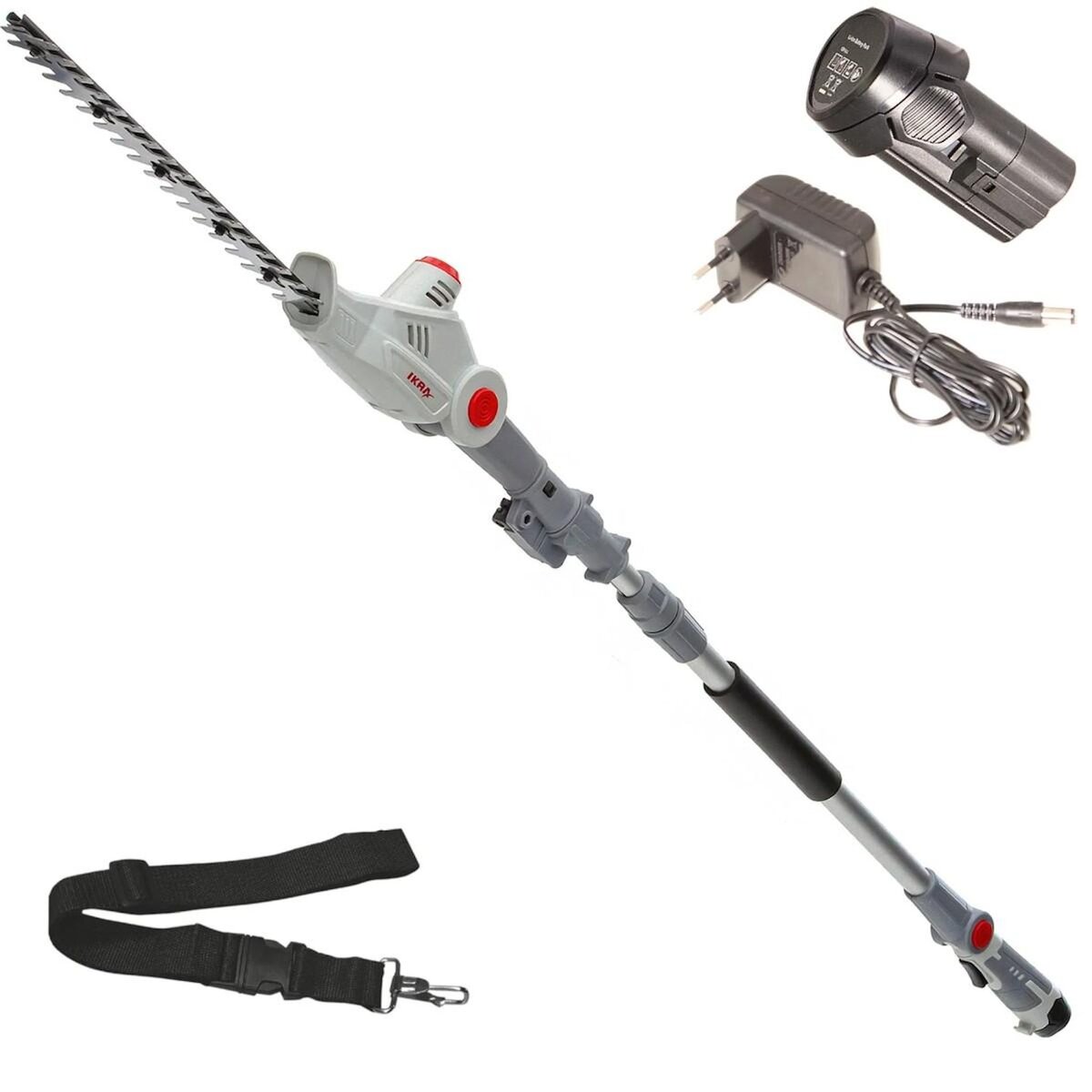 Ikra Taille Haie sur perche télescopique 12V - Lame de 41cm -Batterie Lithium 2,5Ah - Chargeur 12V - Sangle d'épaule IKRA