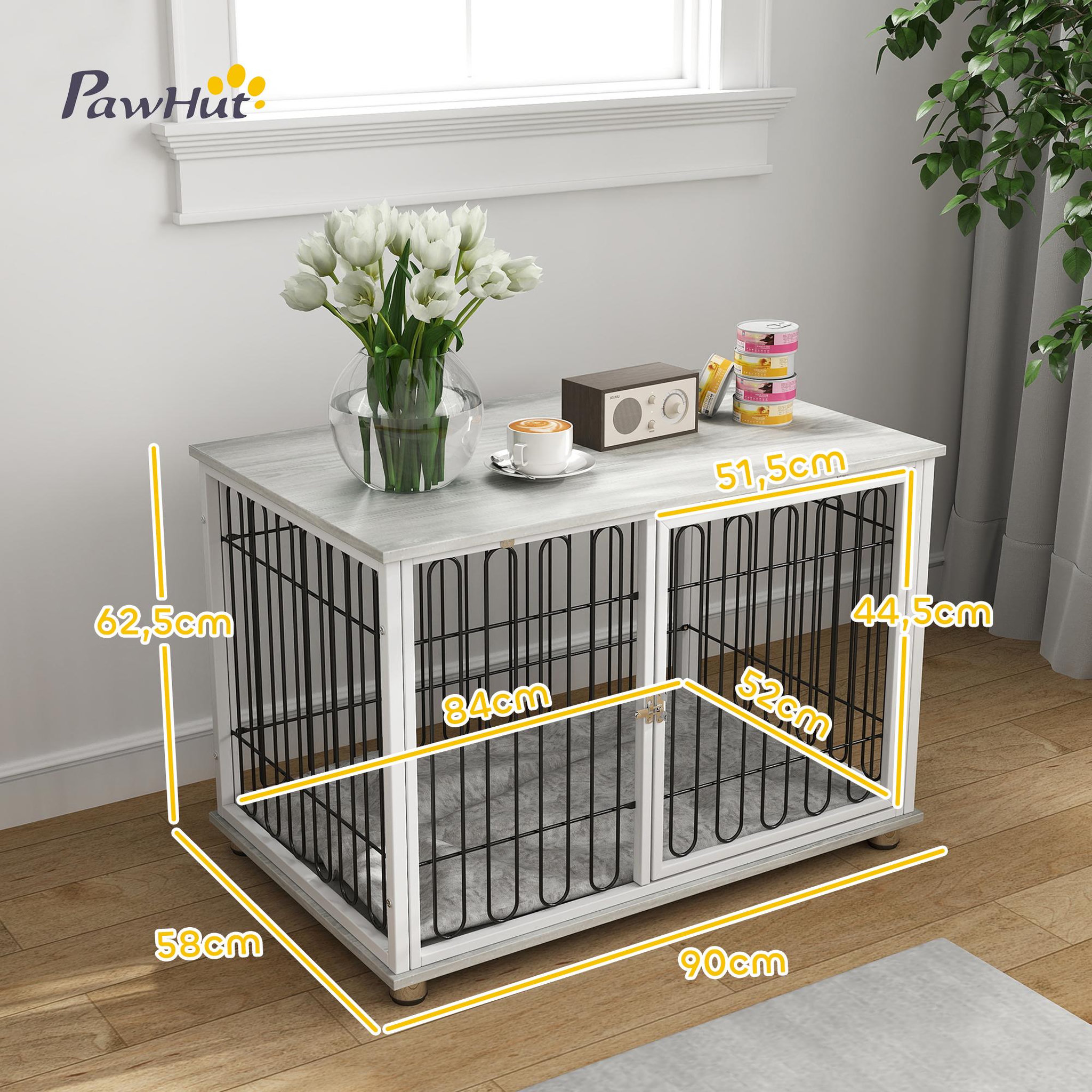 Voir la diapositive 3 : PAWHUT Cage chien avec coussin 90 x 58 x 62 cm - porte verrouillable - effet bois gris clair acier blanc noir