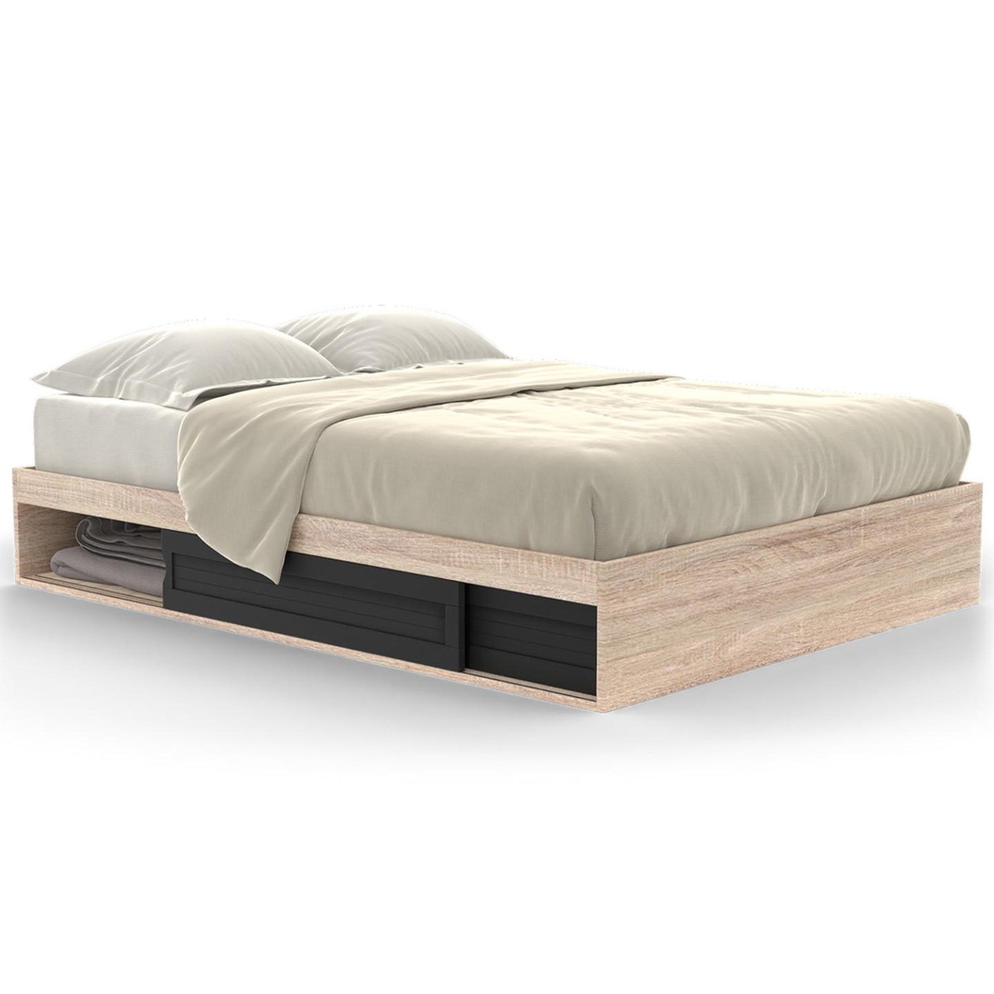 ID MARKET Cadre de lit double salem avec rangements et sommier 140 x 190 cm façon hêtre et noir