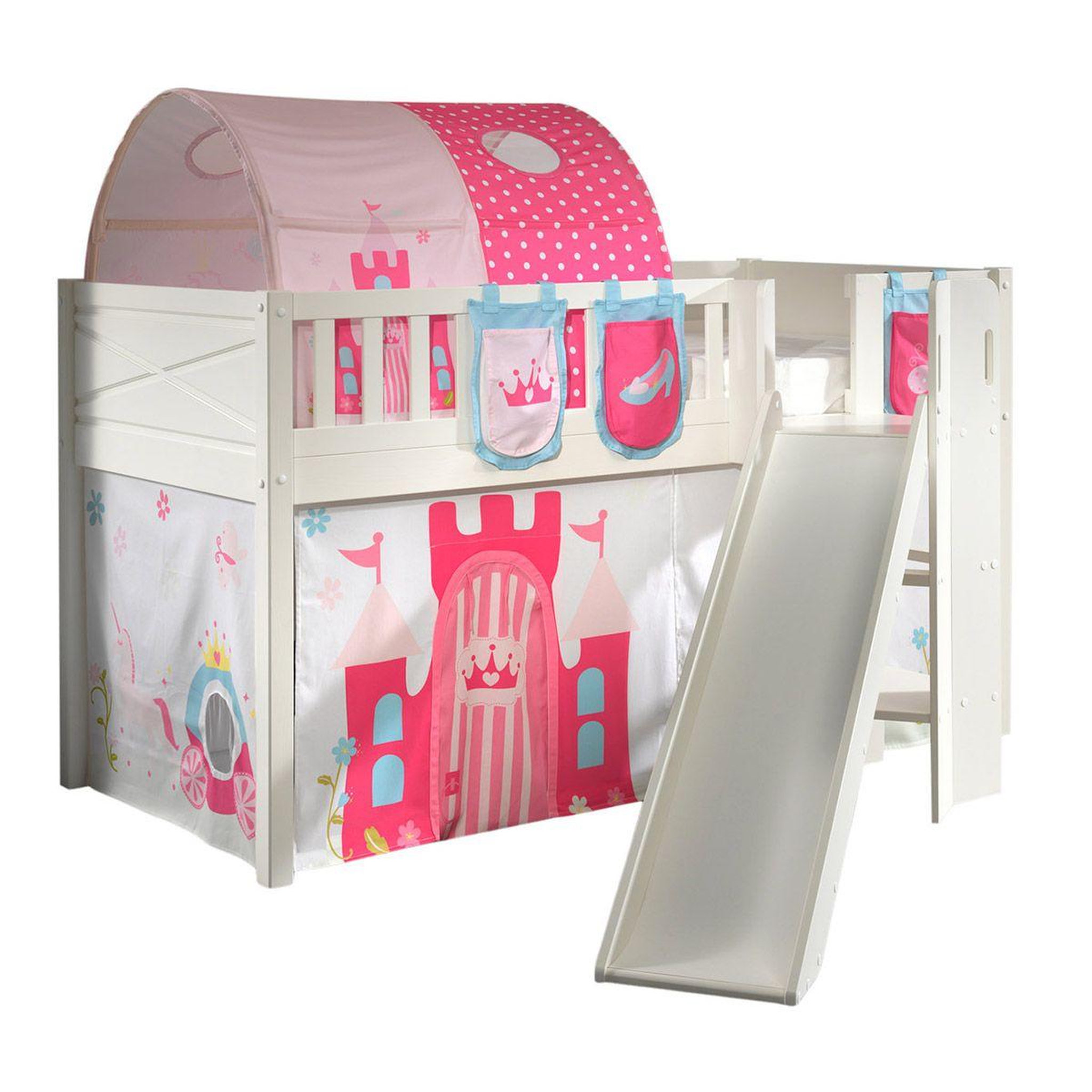 Voir la diapositive 1 : Paris Prix Lit Enfant Toboggan, Tente, Tunnel & 3 Pochettes  Scott Princesse  90x200cm Blanc