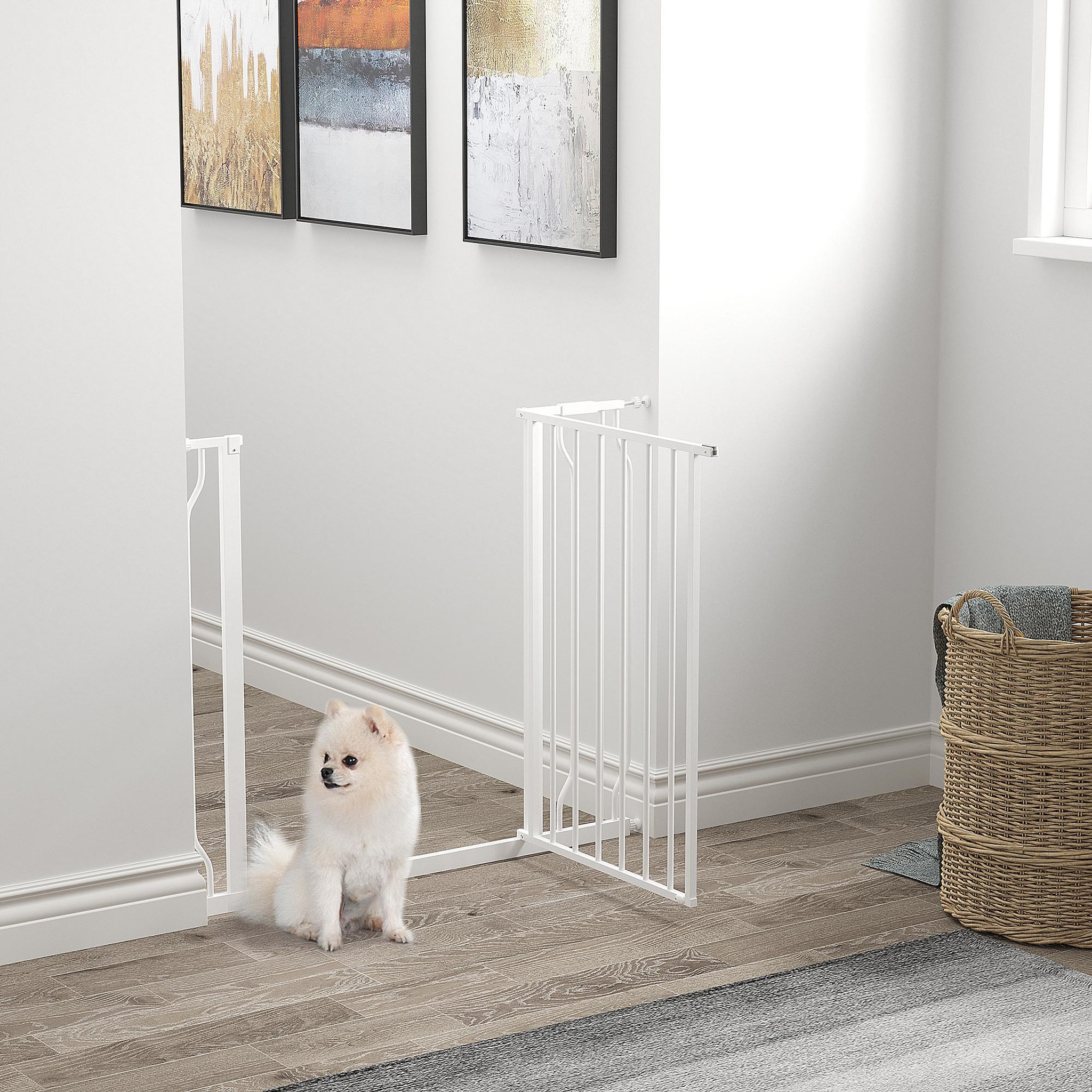 Voir la diapositive 4 : PAWHUT Barrière de sécurité animaux - longueur réglable dim. 75-95 cm - porte double verrouillage, ouverture double sens -sans perçage - acier abs blanc