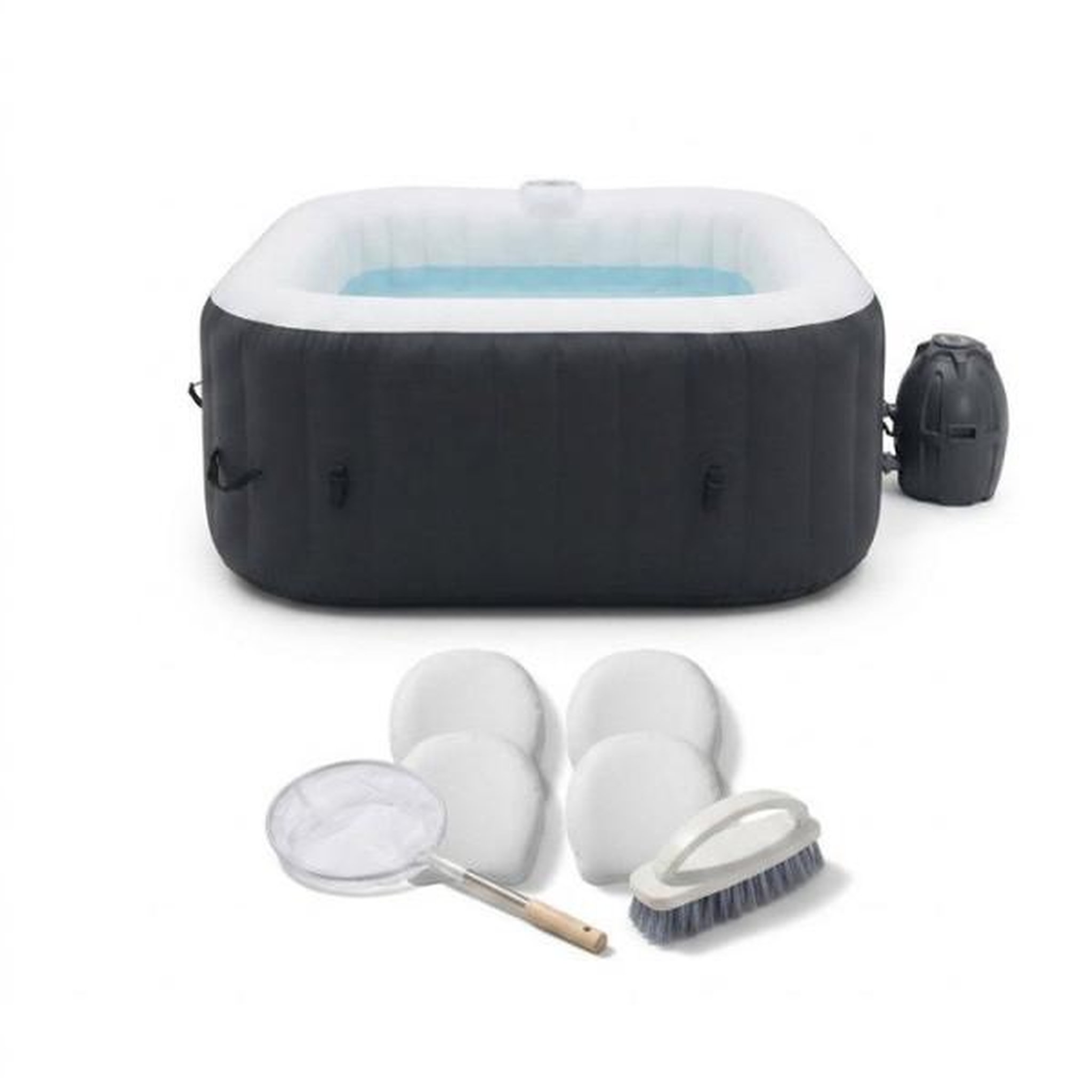 SUNSPA KIT TOUT INCLUS SUNSPA: spa gonflable carré 6 places et accessoires : 4 appuis tetes, filtre, épuisette, brosse, tapis, couver
