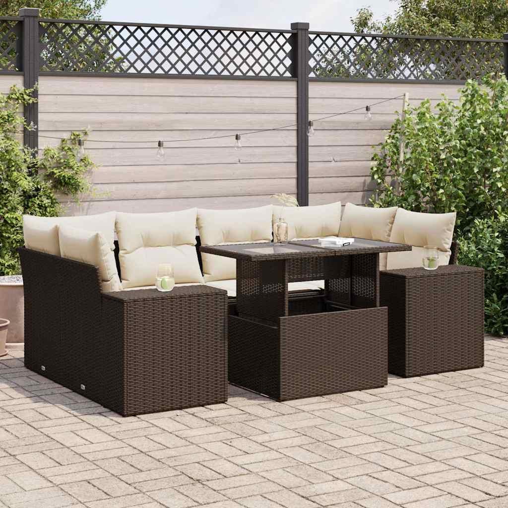 VIDAXL Salon de jardin avec coussins 7 pcs marron resine tressee