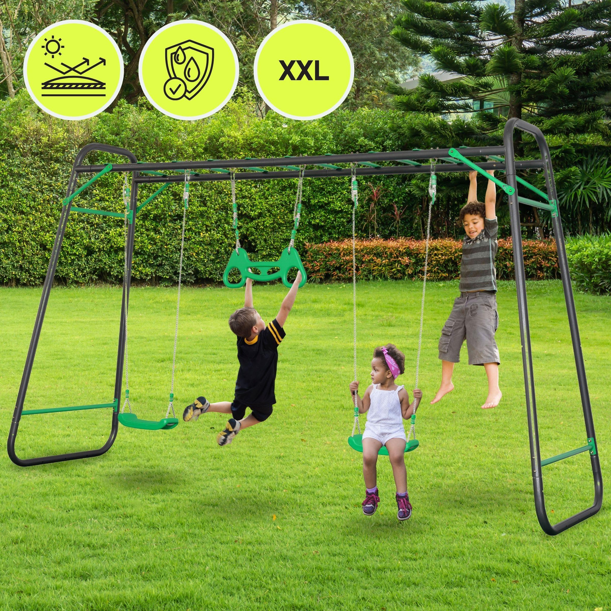 Voir la diapositive 2 : HYPERMOTION Aire de Jeux Jardin XXL HyperMotion - Portique Acier 2 Sièges, Échelle & Trapèze