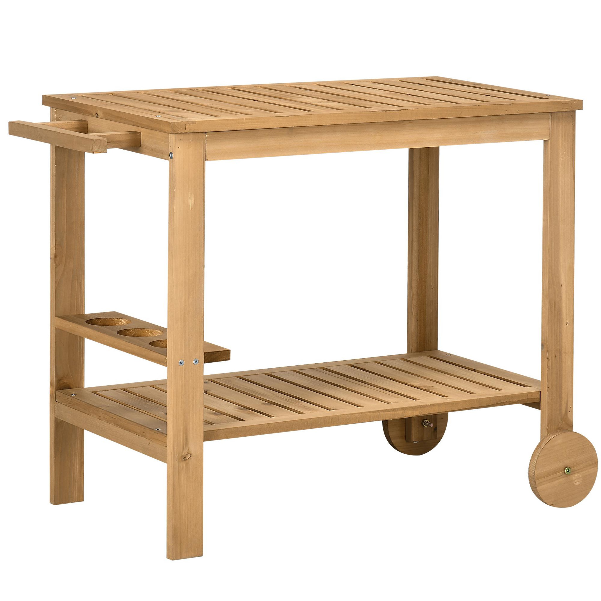 OUTSUNNY Desserte de jardin - desserte pour plancha - étagère, 3 porte-bouteilles, 2 roues, poignée - bois sapin pré-huilé