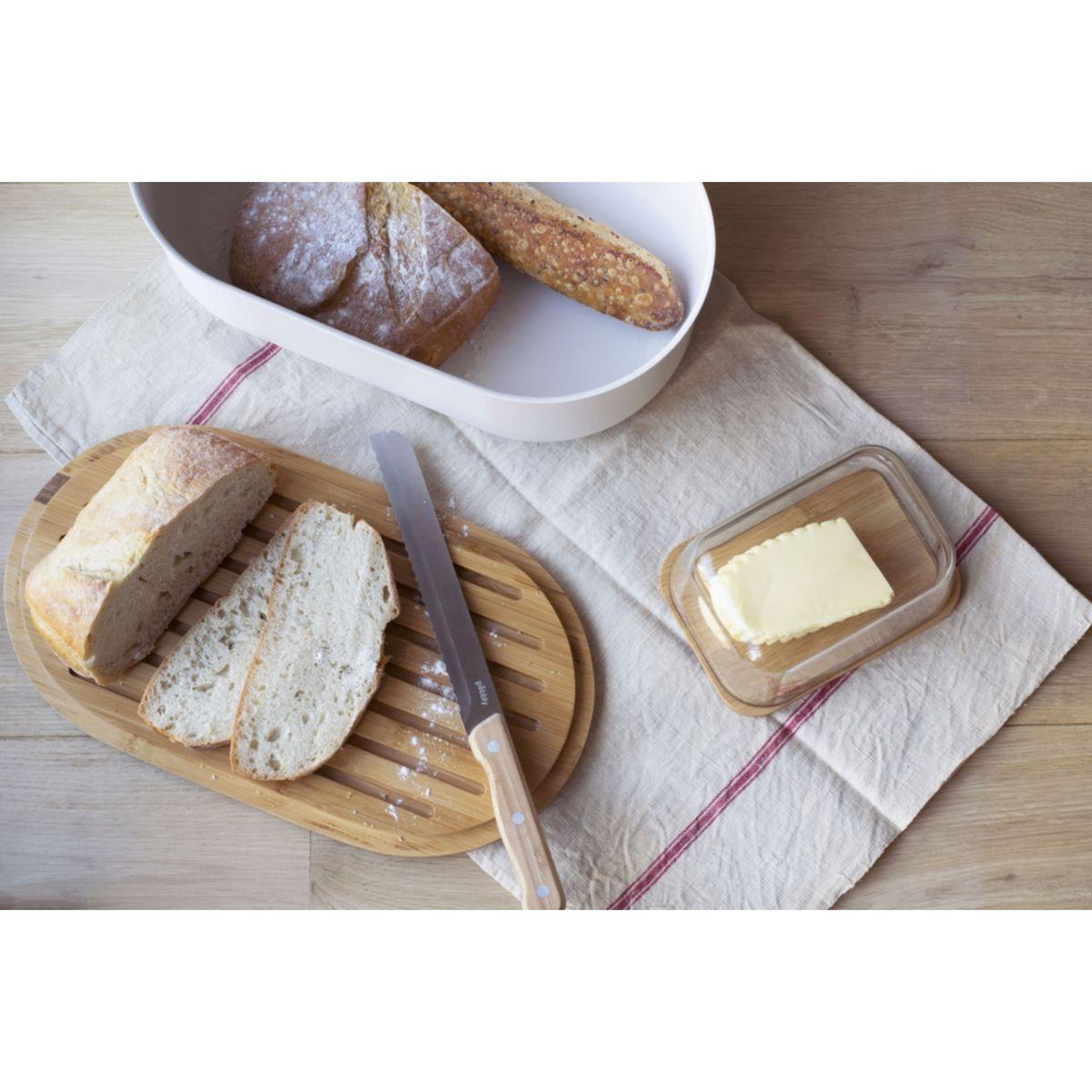 Voir la diapositive 3 : PEBBLY Boîte à pain 4 en 1 creme 36x20x13 cm avec couteau
