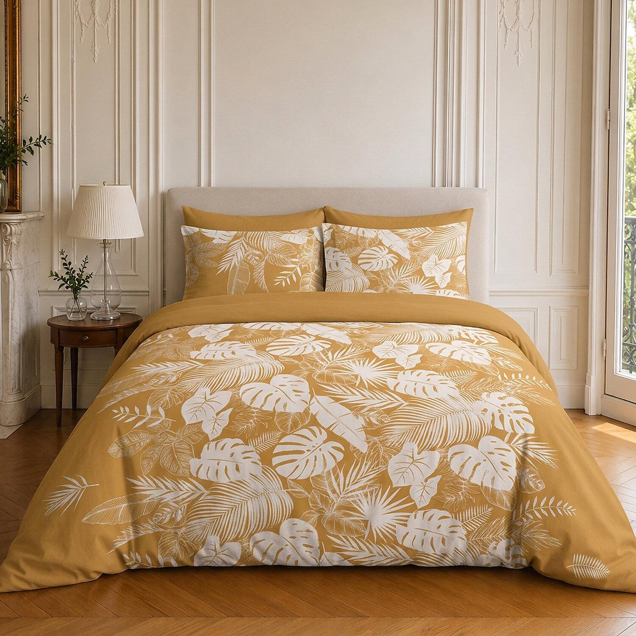 Home collection Parure housse de couette imprimée 100% coton 57 fils - leaves. Coloris disponibles : Jaune