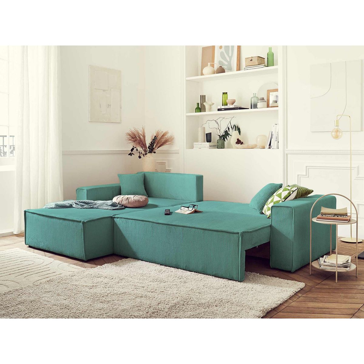 BEST MOBILIER Dellia - canapé d'angle réversible convertible - avec coffre - en velours côtelé - 4 places