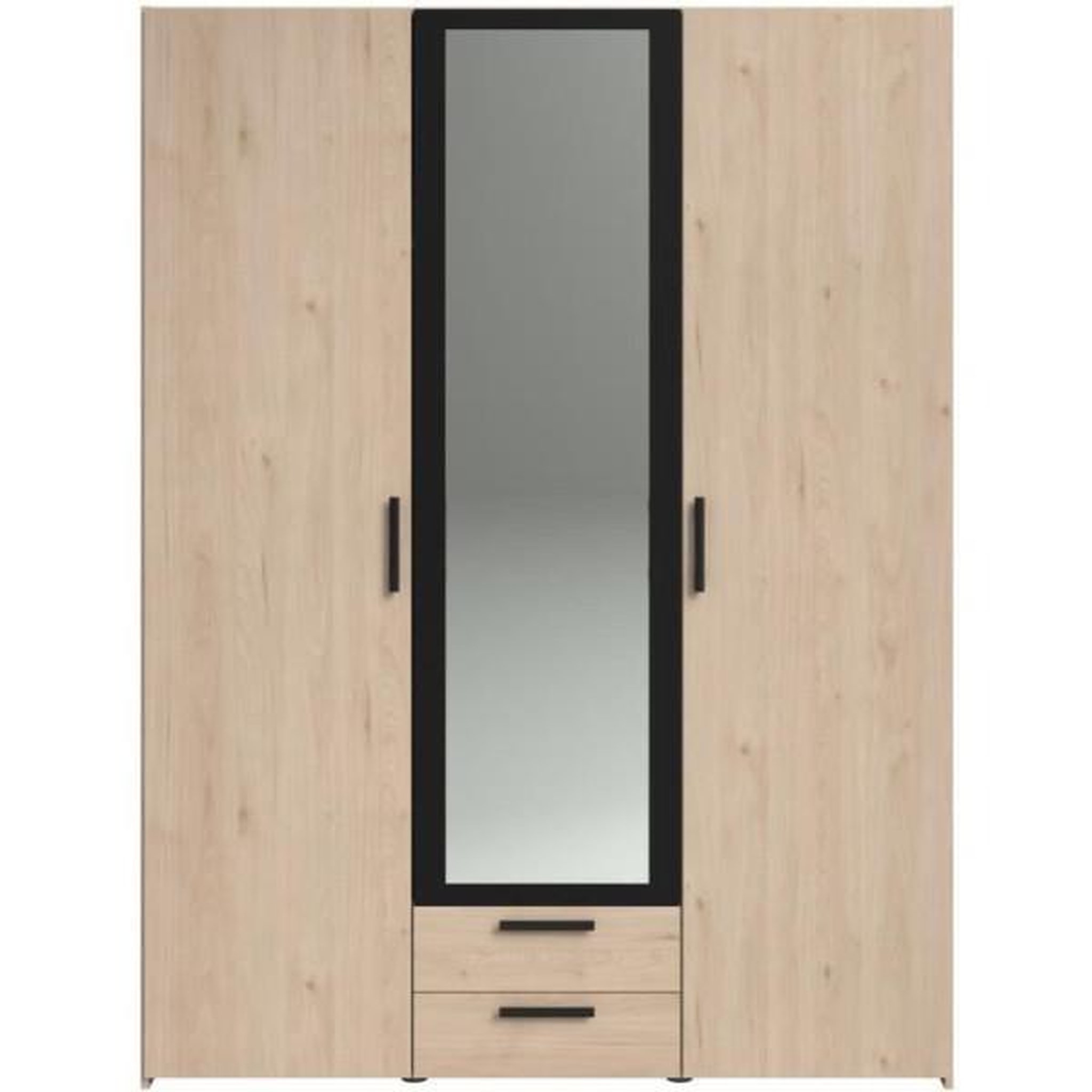 Voir la diapositive 4 : PARISOT Armoire VARIA - Décor chene et noir - 3 portes battantes + 2 tiroirs + 1 miroir - L 150 x H 200 x P 51 cm